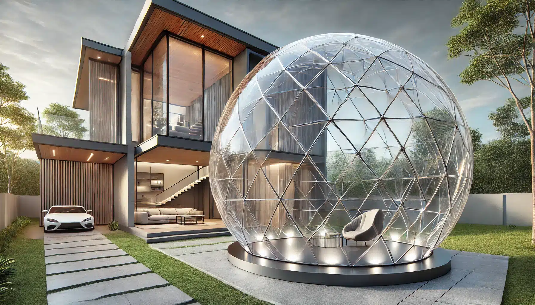 Domo geodésico de cristal templado en casa moderna, con diseño futurista y luz natural. Información en mundo de aluminio y experiencia de innovación y el uso. | Acrilfrasa