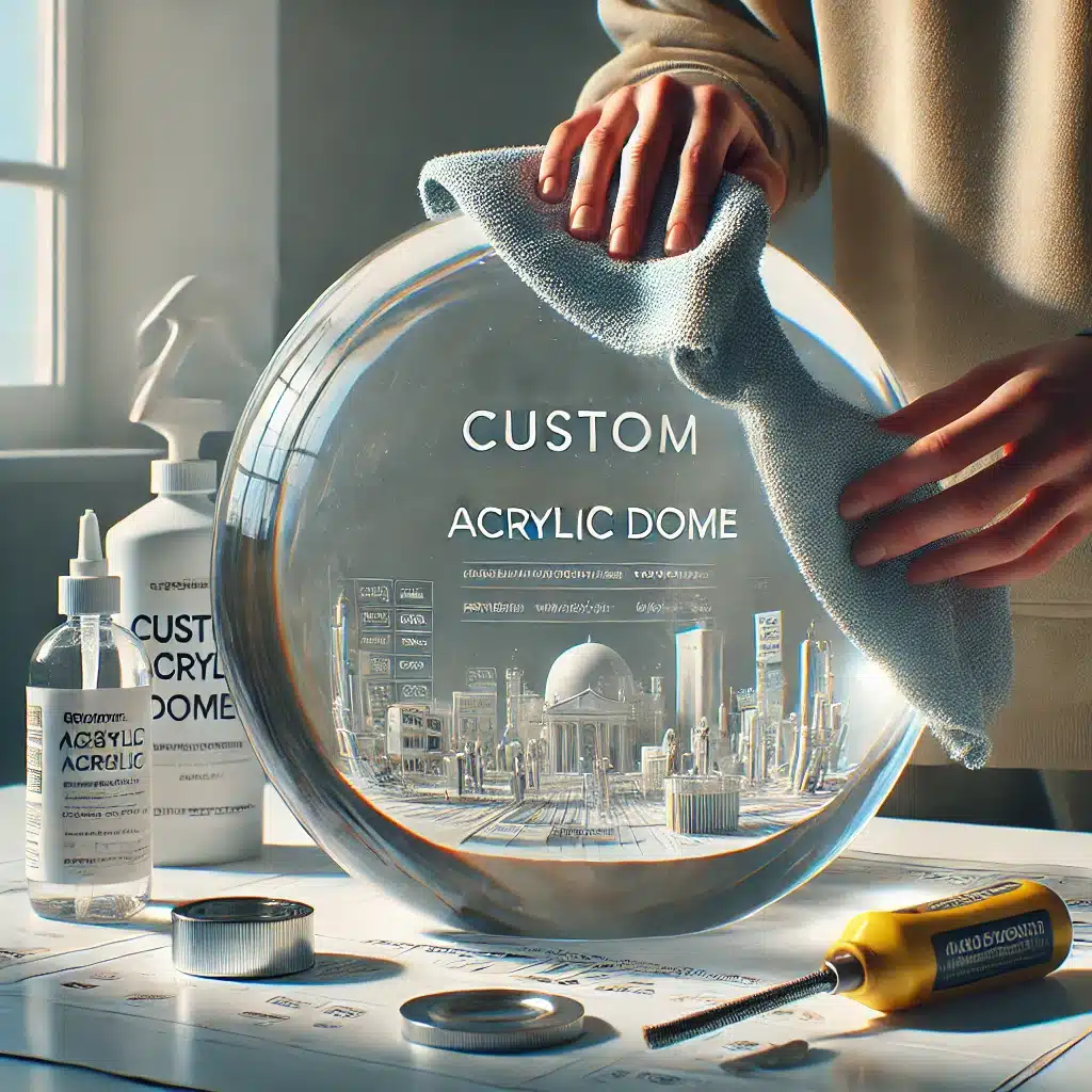 Persona limpiando un domo de acrílico con paño suave y agua jabonosa en un entorno luminoso. | Acrilfrasa