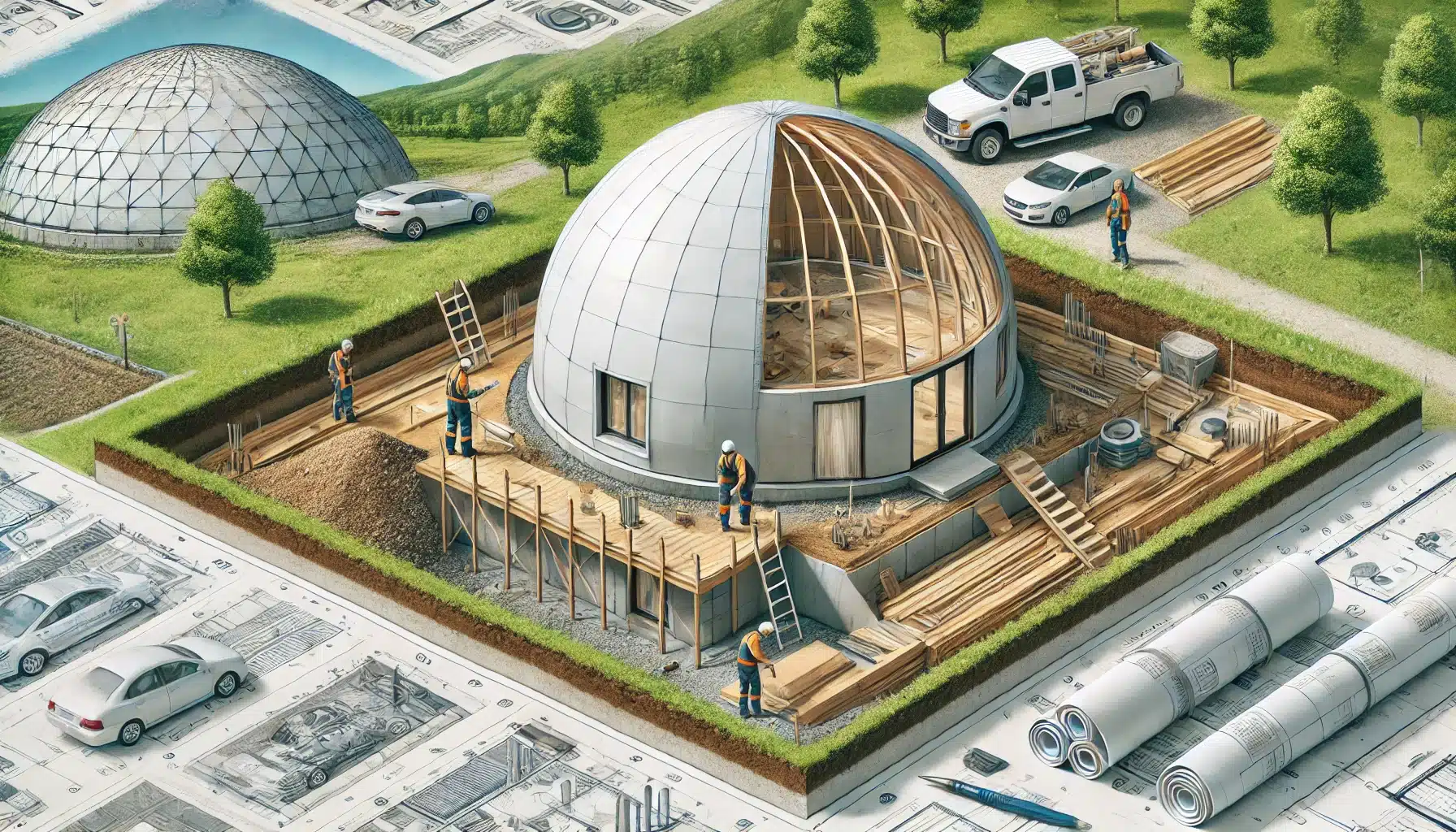 Proceso de construcción de un domo residencial con arquitectos y materiales sostenibles. Personas con servicios de proyección de acero para iluminación | Acrilfrasa.