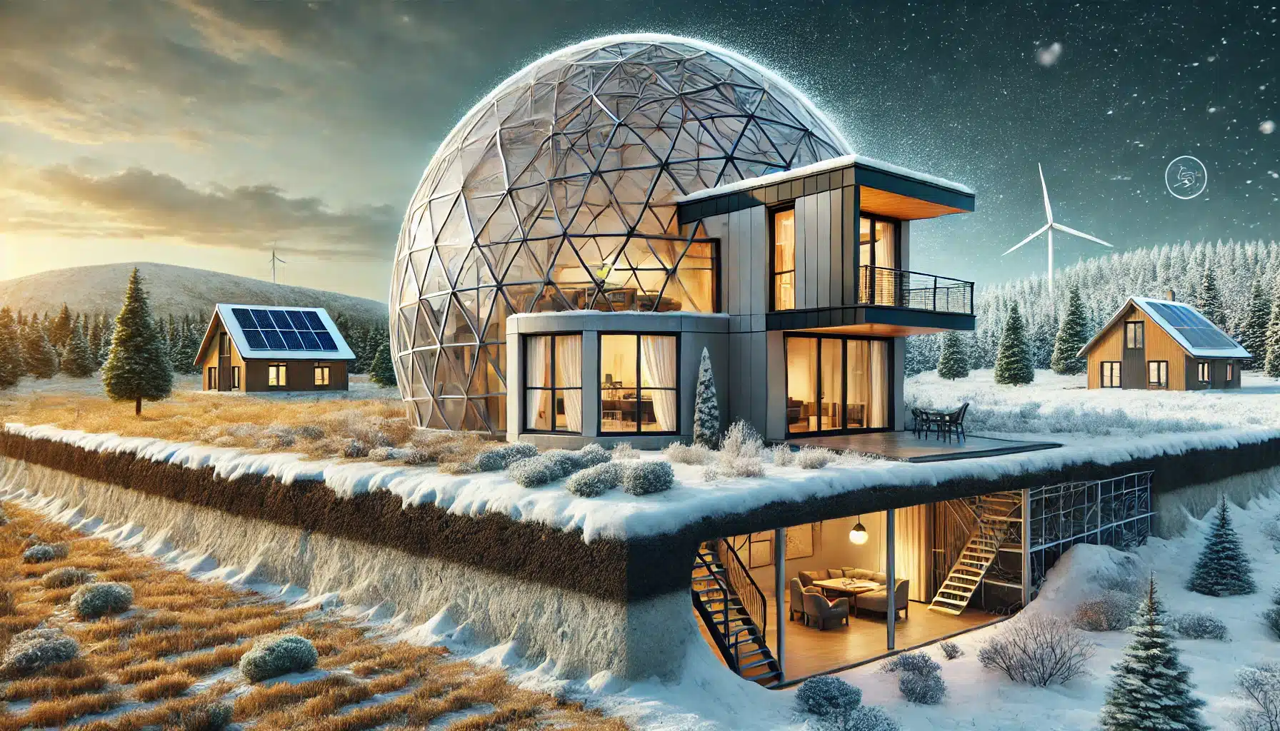 Casa con forma de domo geodésico en entorno natural con paneles solares. Prototipo de material de vidrio o cúpulas de nivel | Acrilfrasa.