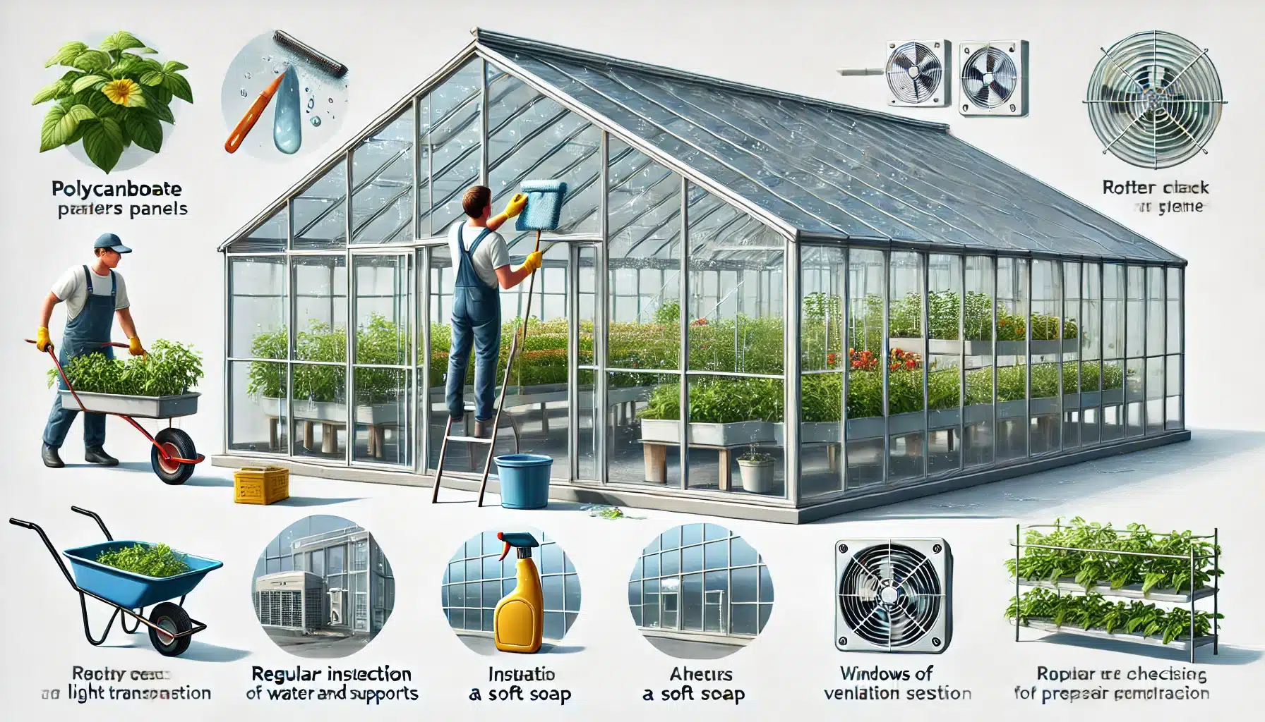 Mantenimiento de invernadero de policarbonato con limpieza y revisión de soportes | Acrilfrasa.