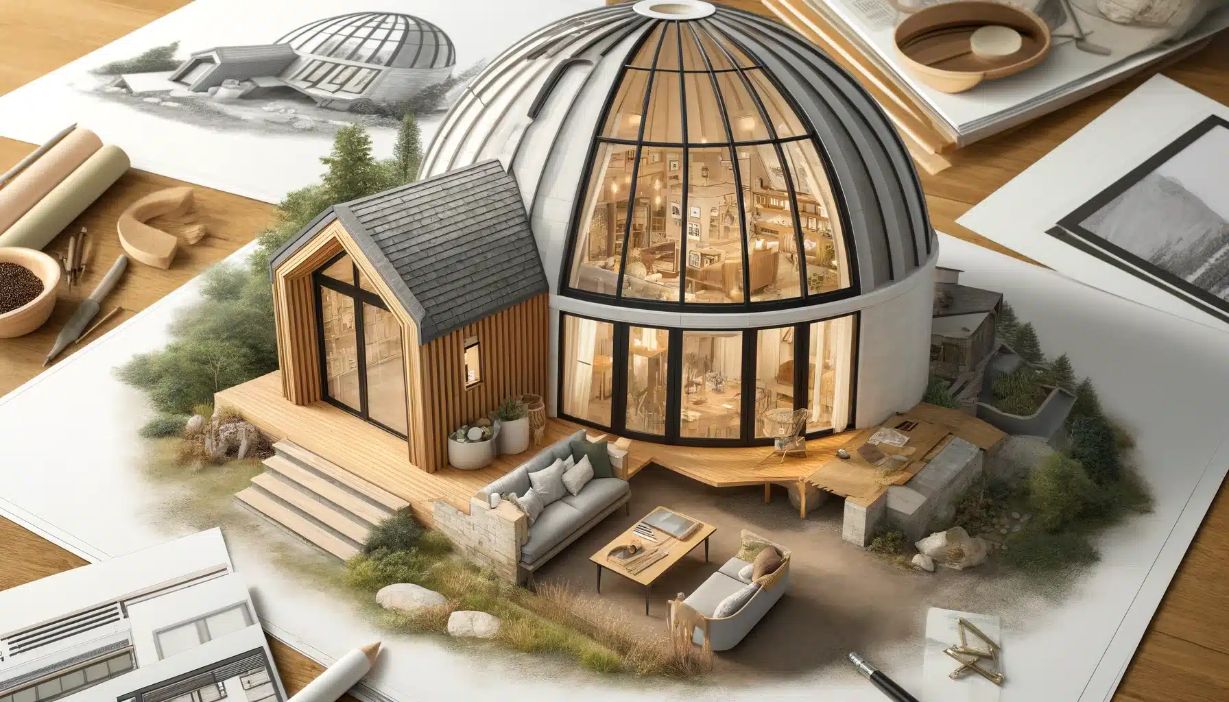 Domo residencial moderno con grandes ventanas y materiales naturales. Edificio de triángulos con fabricación de policarbonato | Acrilfrasa.