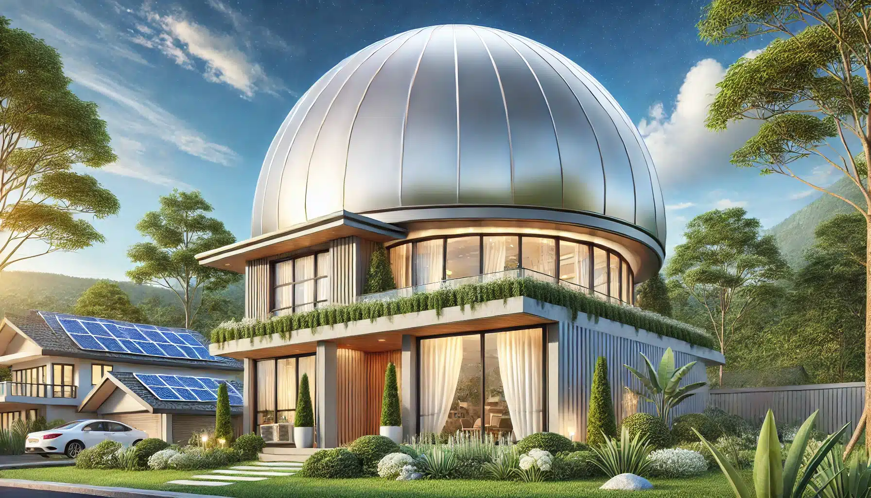 Casa moderna con techo en forma de cúpula rodeada de jardín verde. Refugios de edificios para clima y riesgo de incendios | Acrilfrasa.
