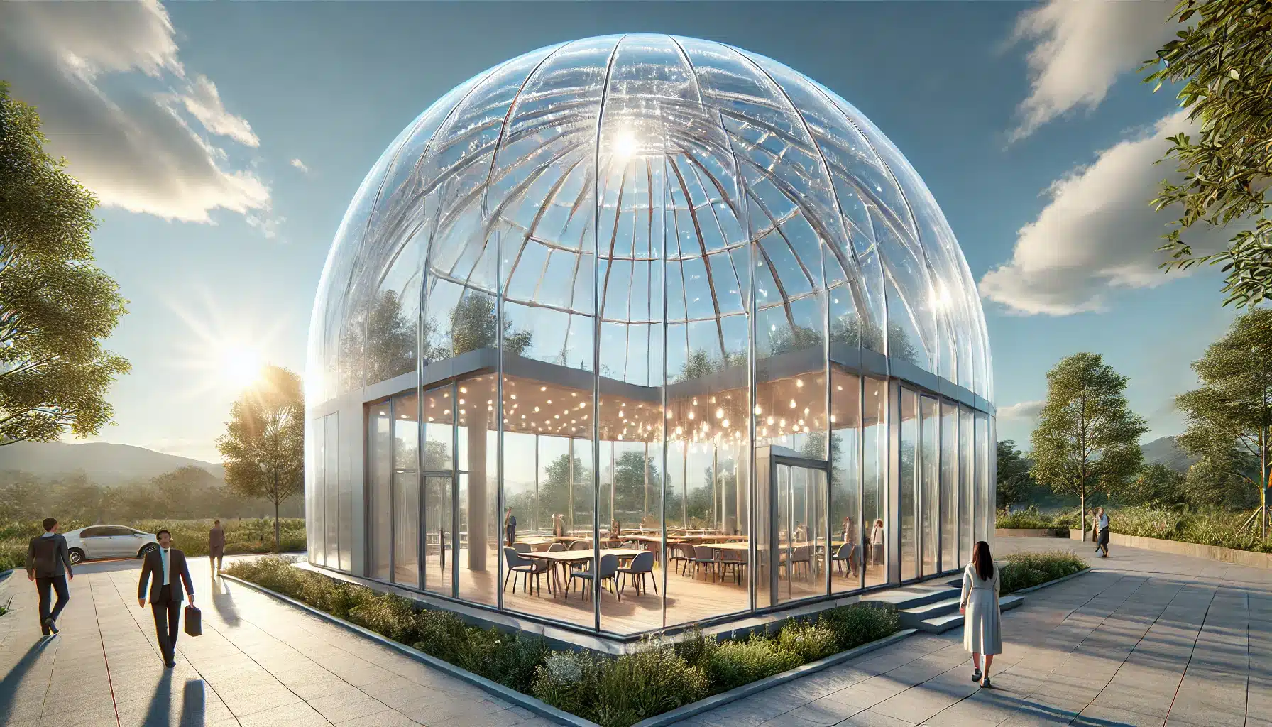 Edificio moderno con cúpula acrílica iluminada por luz natural y rodeada de vegetación. Empresa de fbricación de lámina de policarbonato y acrílico | Acrilfrasa