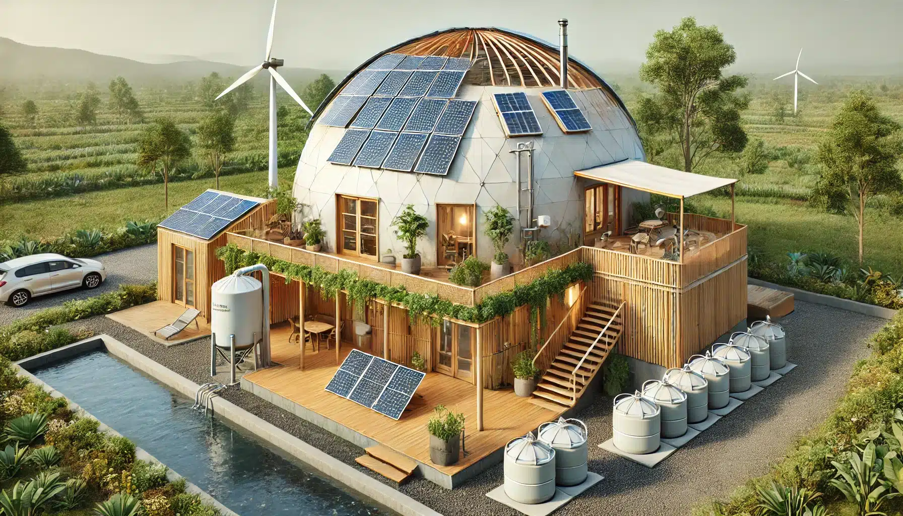 Domo residencial sostenible con paneles solares, turbina eólica y sistemas de agua. Mundo de material para luz solar | Acrilfrasa.