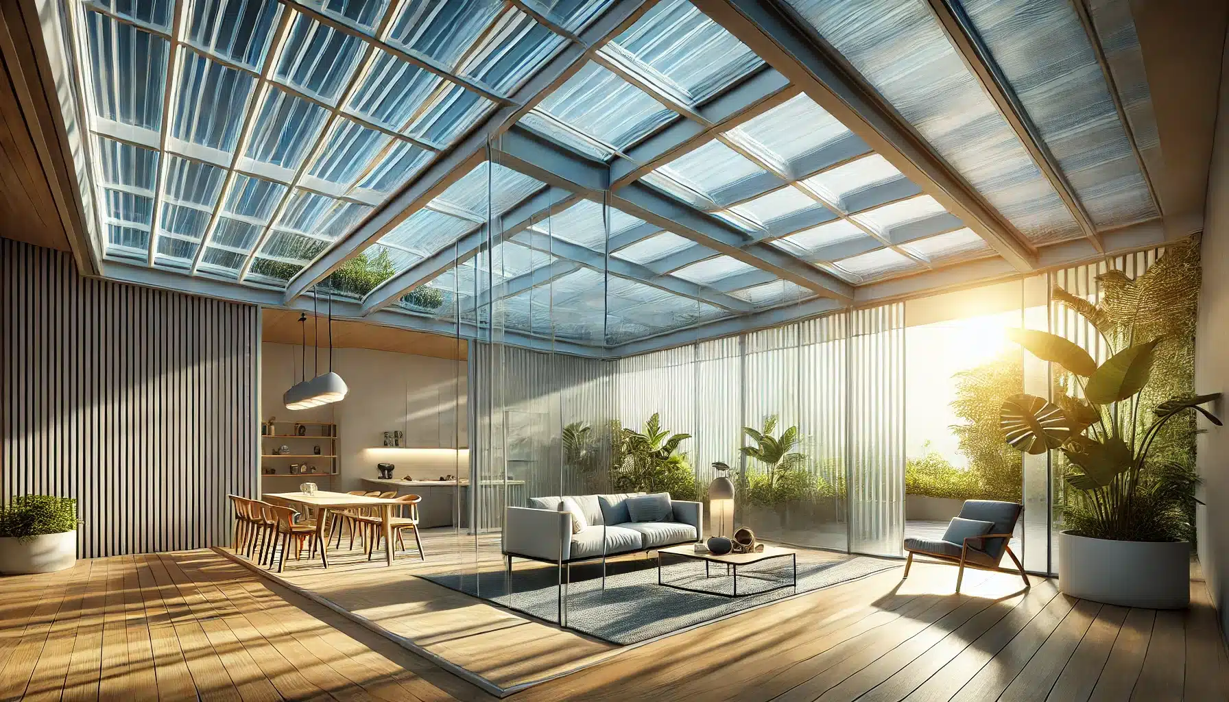Techo de policarbonatos permitiendo paso de luz natural en interior moderno. techos de policarbonato innovaciones y tendencias para 2024 | Acrilfrasa