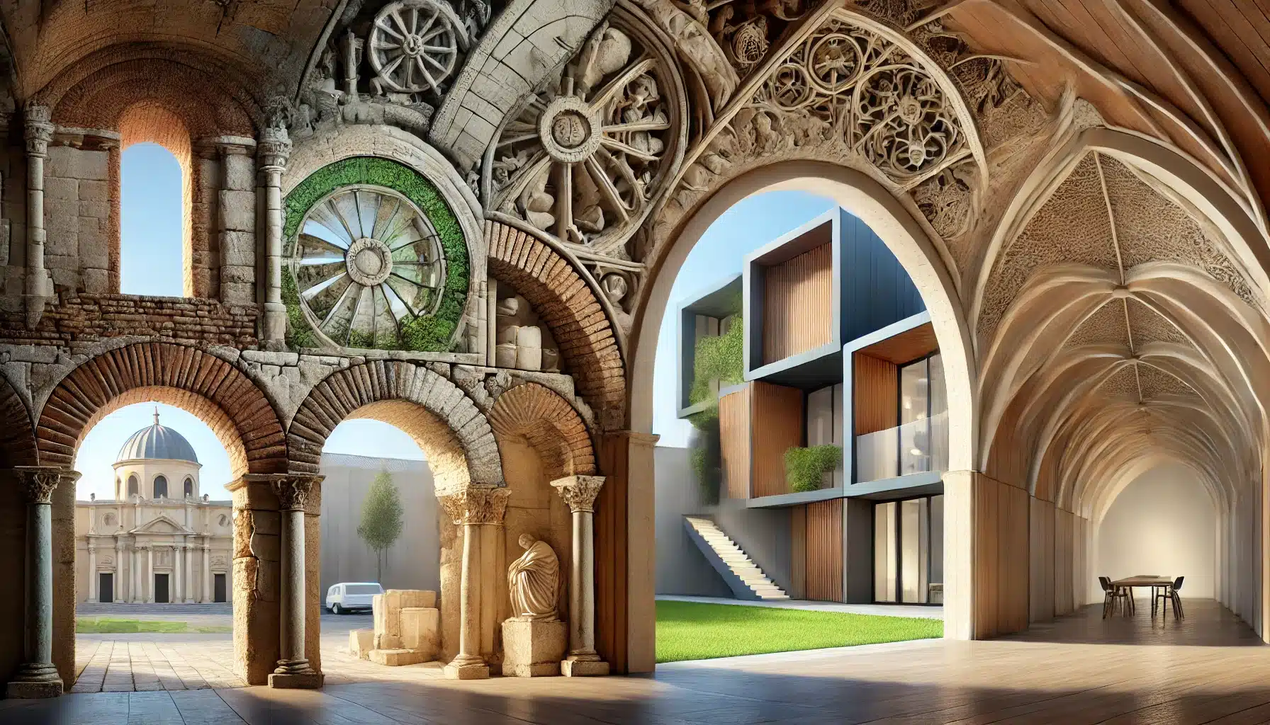 Espacios abovedados con arcos romanos y bóvedas modernas en edificio sostenible. Hormigón armado en techo de sala o habitación. | Acrilfrasa