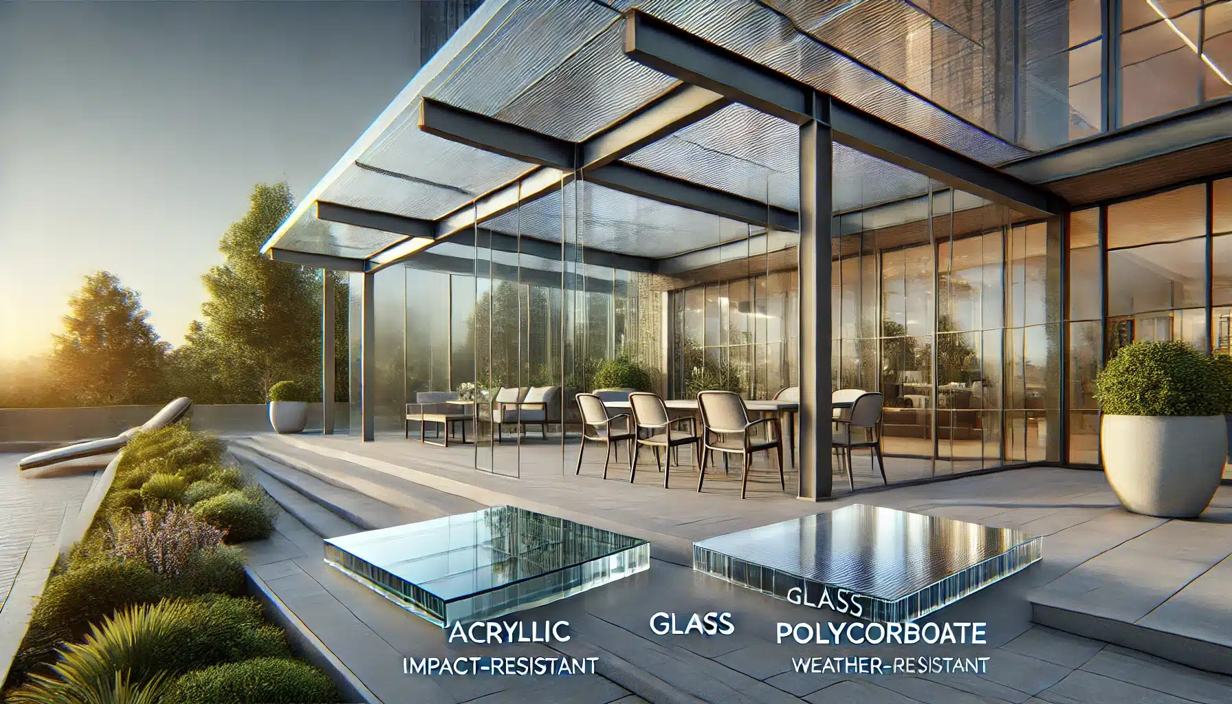 Comparación de lámina transparente de acrílico, vidrio y policarbonato en un entorno moderno. Diferencia de marca de plásticos y cristal | Acrilfrasa