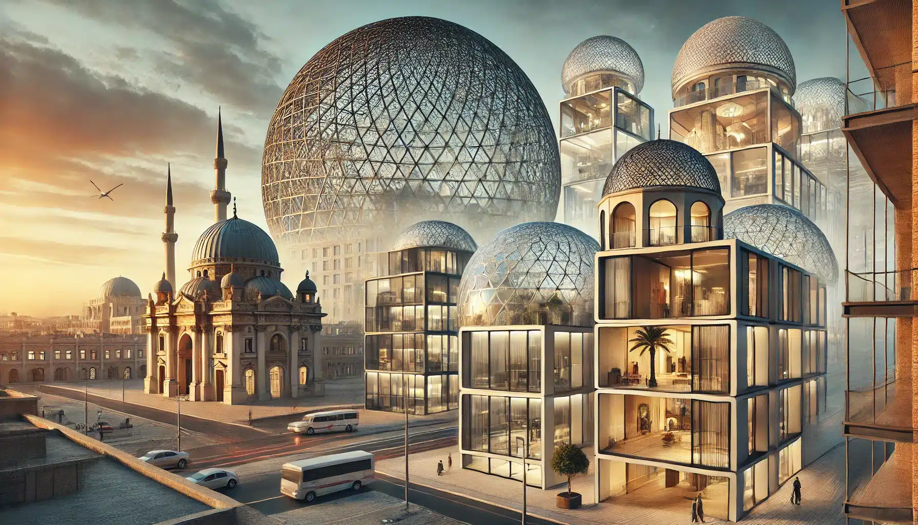 Escena arquitectónica moderna mostrando la evolución de los domos en edificios históricos y contemporáneos. Cúpula en proyecto en el mundo del policarbonato | Acrilfrasa