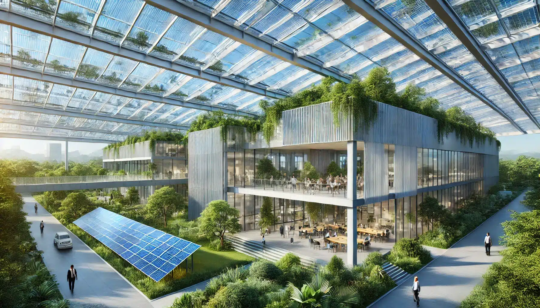 Edificio moderno con techos de policarbonato, luz natural y paneles solares alrededor | Acrilfrasa