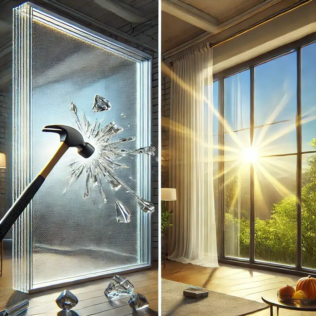 Comparación entre ventana de policarbonato resistente e impactada y ventana acrílica clara en un hogar moderno. Construcción de cristal y láminas de policarbonato | Acrilfrasa