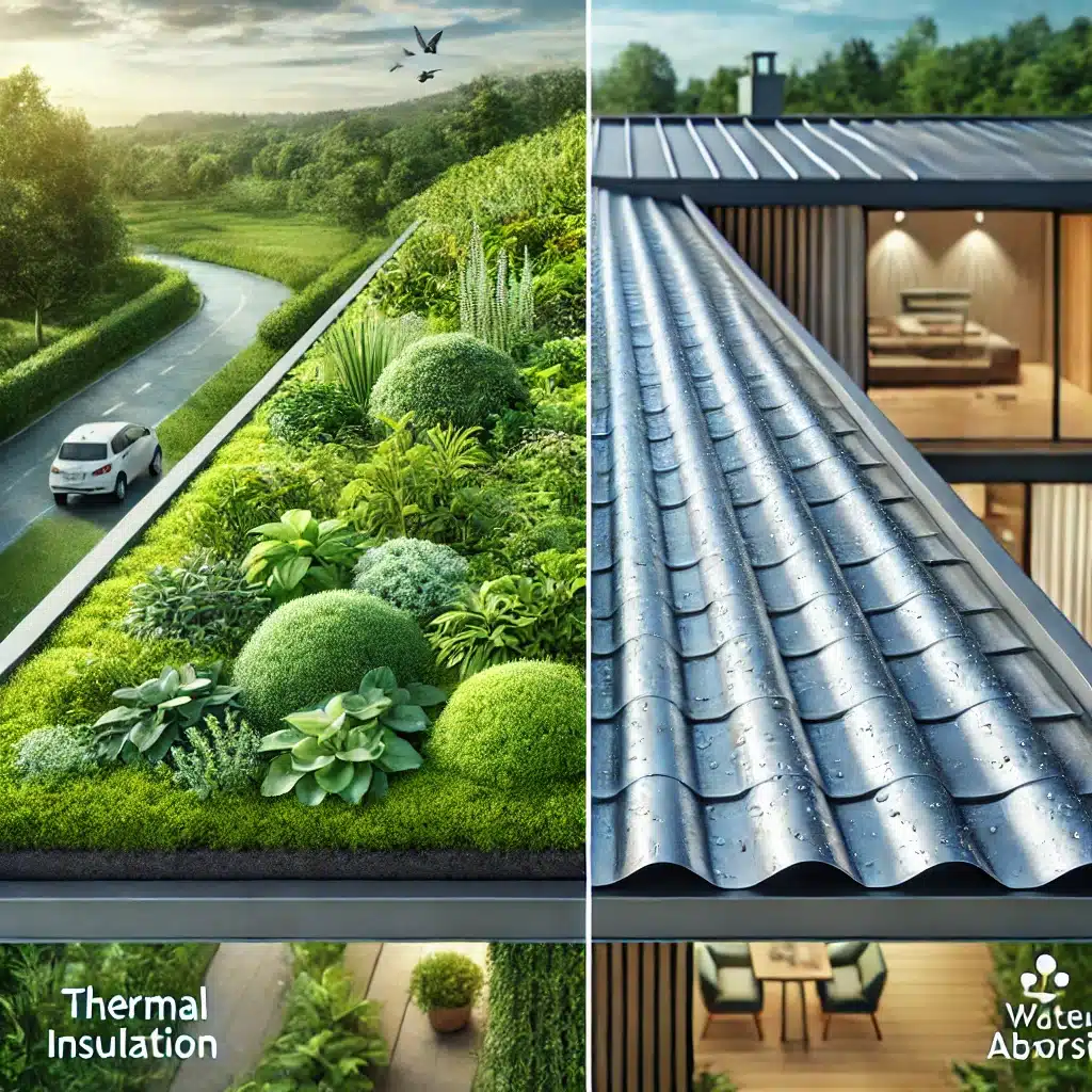 Comparación de techos sostenibles: techo verde con vegetación y techo de metal reciclado. Construcción edificios construcción sostenible materiales de construcción edificación material arquitectura industria de la construcción eficiencia energética edificio impacto ambiental madera luz solar paneles solares integrados energía renovable sistemas  | Acrilfrasa.