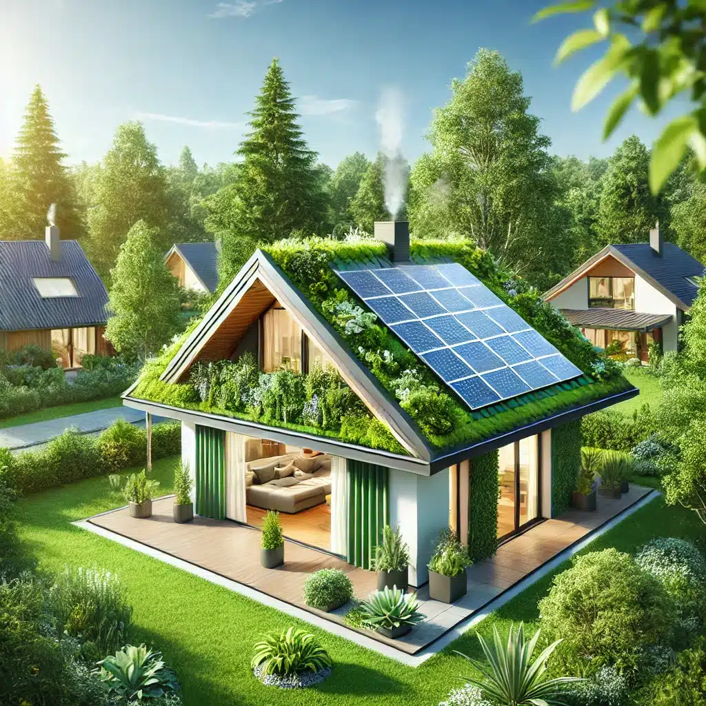 Casa moderna con techo ecológico de materiales sostenibles, rodeada de vegetación | Acrilfrasa.