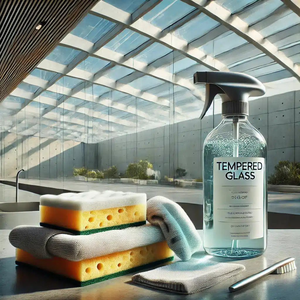 Herramientas de limpieza recomendadas para techado de vidrio templado en un entorno moderno. Tarea de protección de desgastes y temperatura | Acrilfrasa.