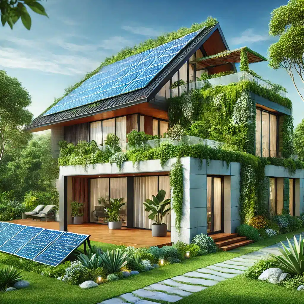 Casa moderna con techo ecológico rodeada de vegetación bajo un cielo azul limpio | Acrilfrasa.