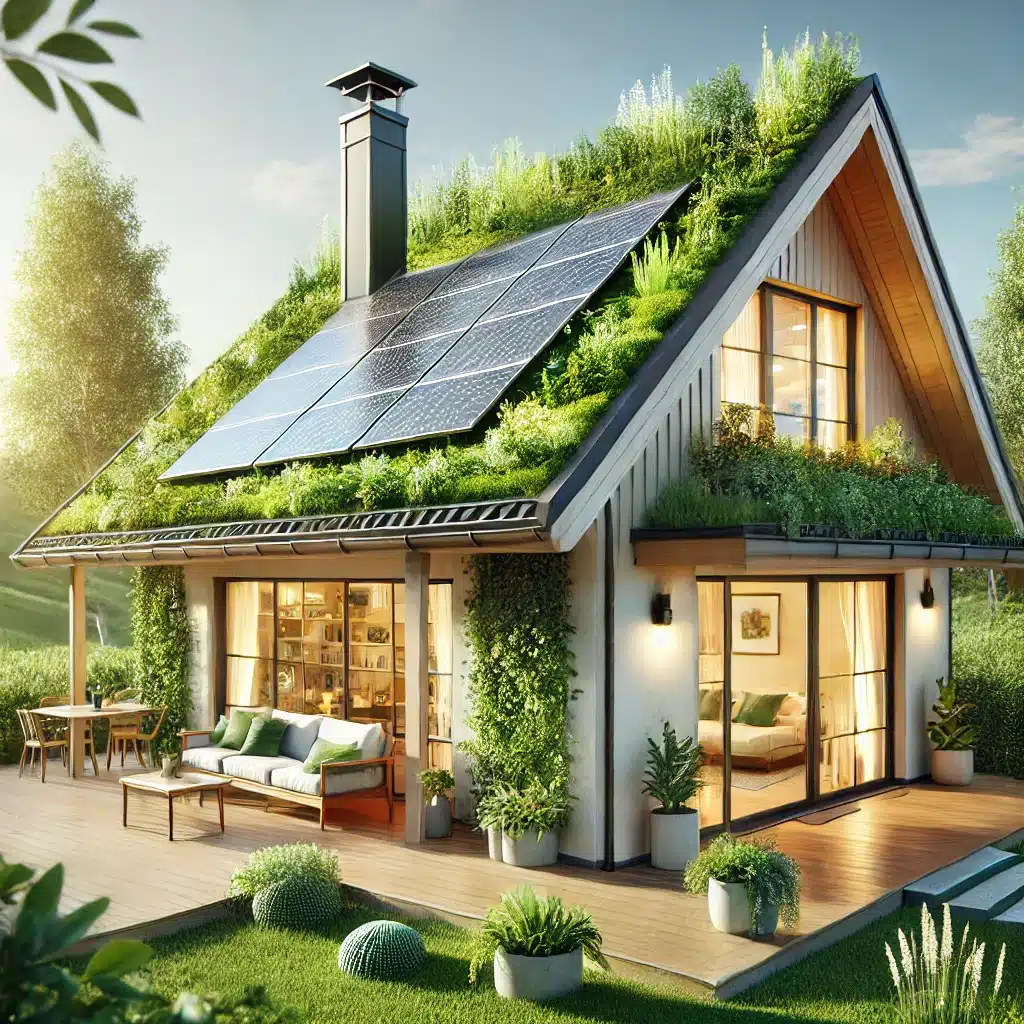 Casa moderna con techo sostenible, rodeada de vegetación y luz natural. Innovaciones en materiales para techados sostenibles | Acrilfrasa.