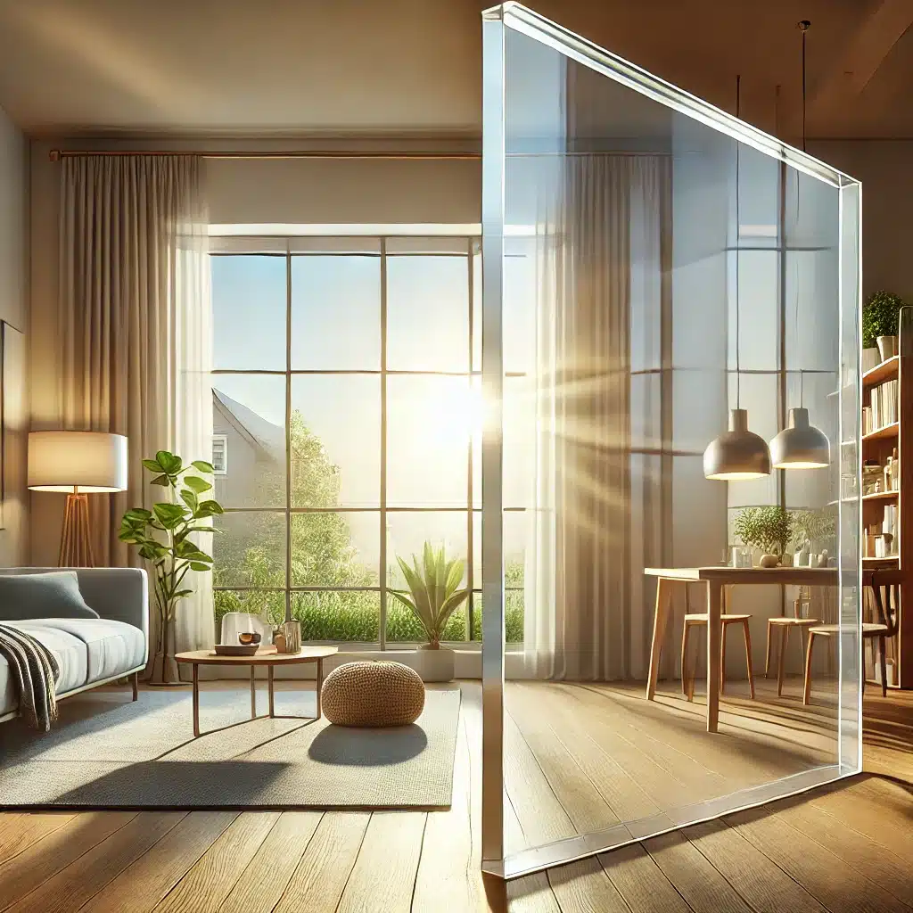 Ventana acrílica ligera y clara, permitiendo luz natural en un hogar eficiente energéticamente. Elección de paneles plásticos o de polímero | Acrilfrasa