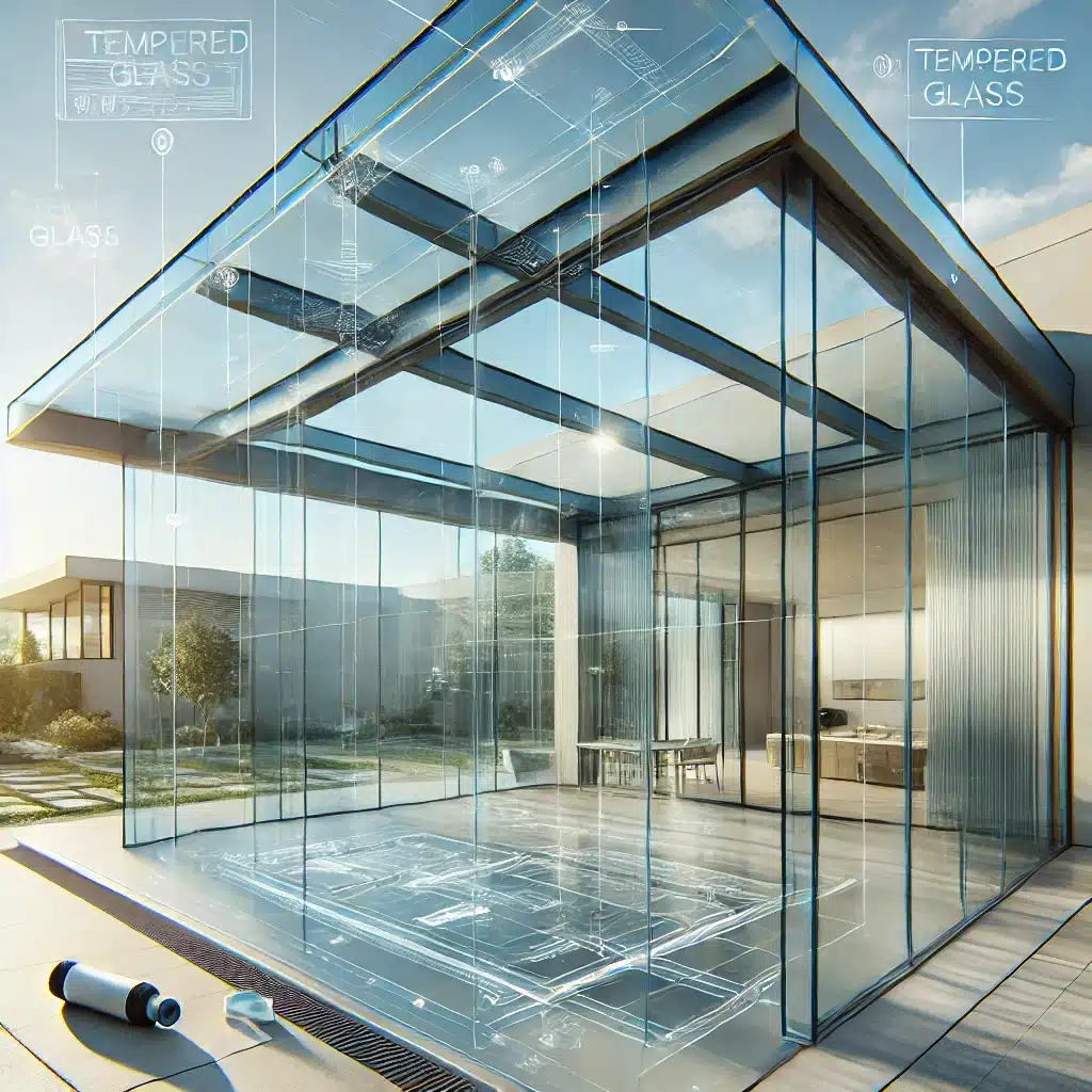 Techado de cristal templado moderno con elementos de mantenimiento sugeridos. Paneles con espacio en porches y terrazas | Acrilfrasa.