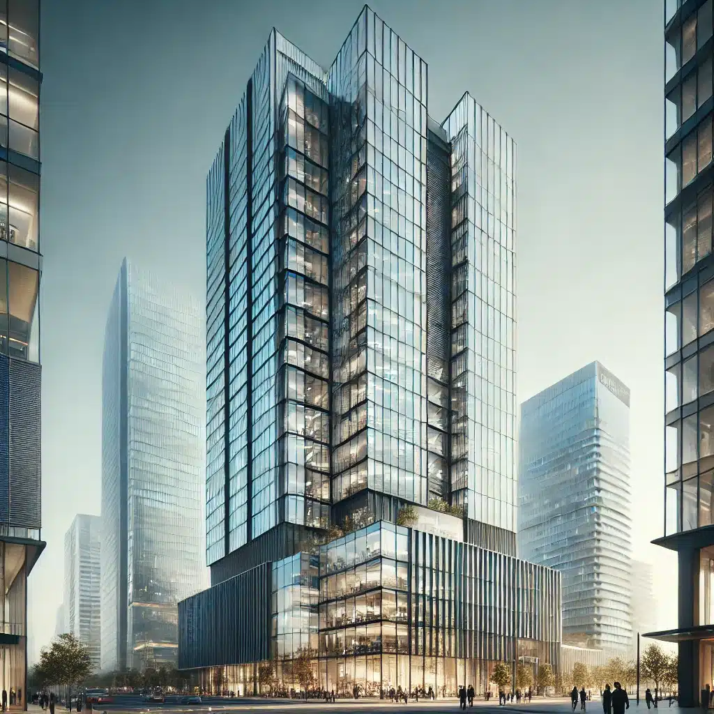 Rascacielos moderno con fachadas de vidrio templado | Acrilfrasa