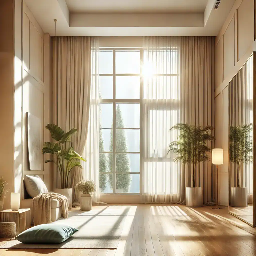 Sala luminosa con grandes ventanas y espejos | Acrilfrasa