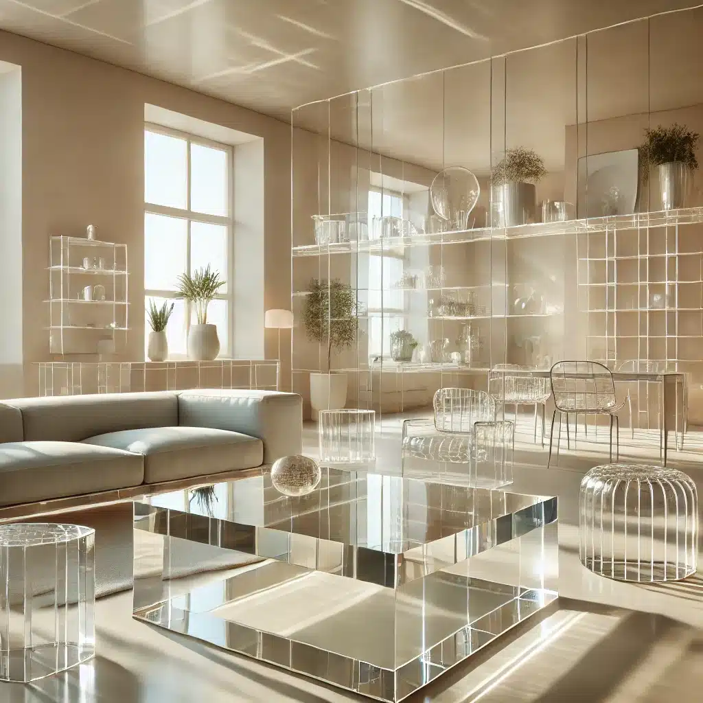 Sala moderna con muebles acrílicos y luz natural. Celosías en porche de proyectos de arquitectura | Acrilfrasa