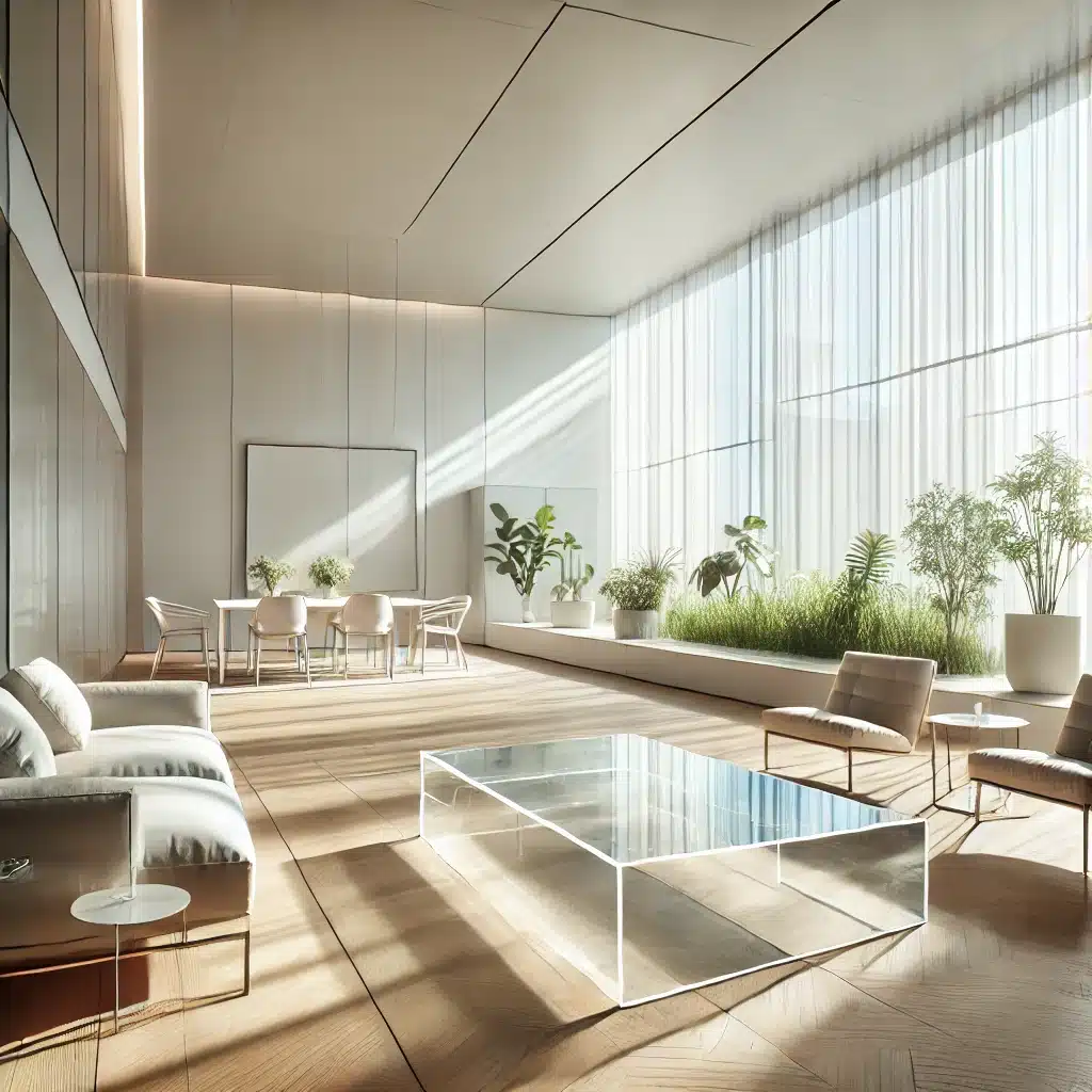 Sala moderna con luz natural y mesa acrílica | Acrilfrasa