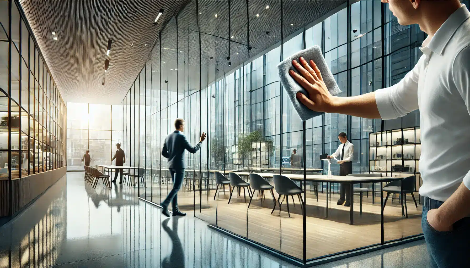Persona limpiando vidrio templado en un negocio | Acrilfrasa