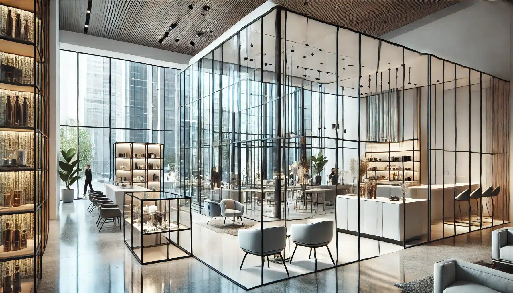 Espacio comercial moderno con vidrio templado | Acrilfrasa