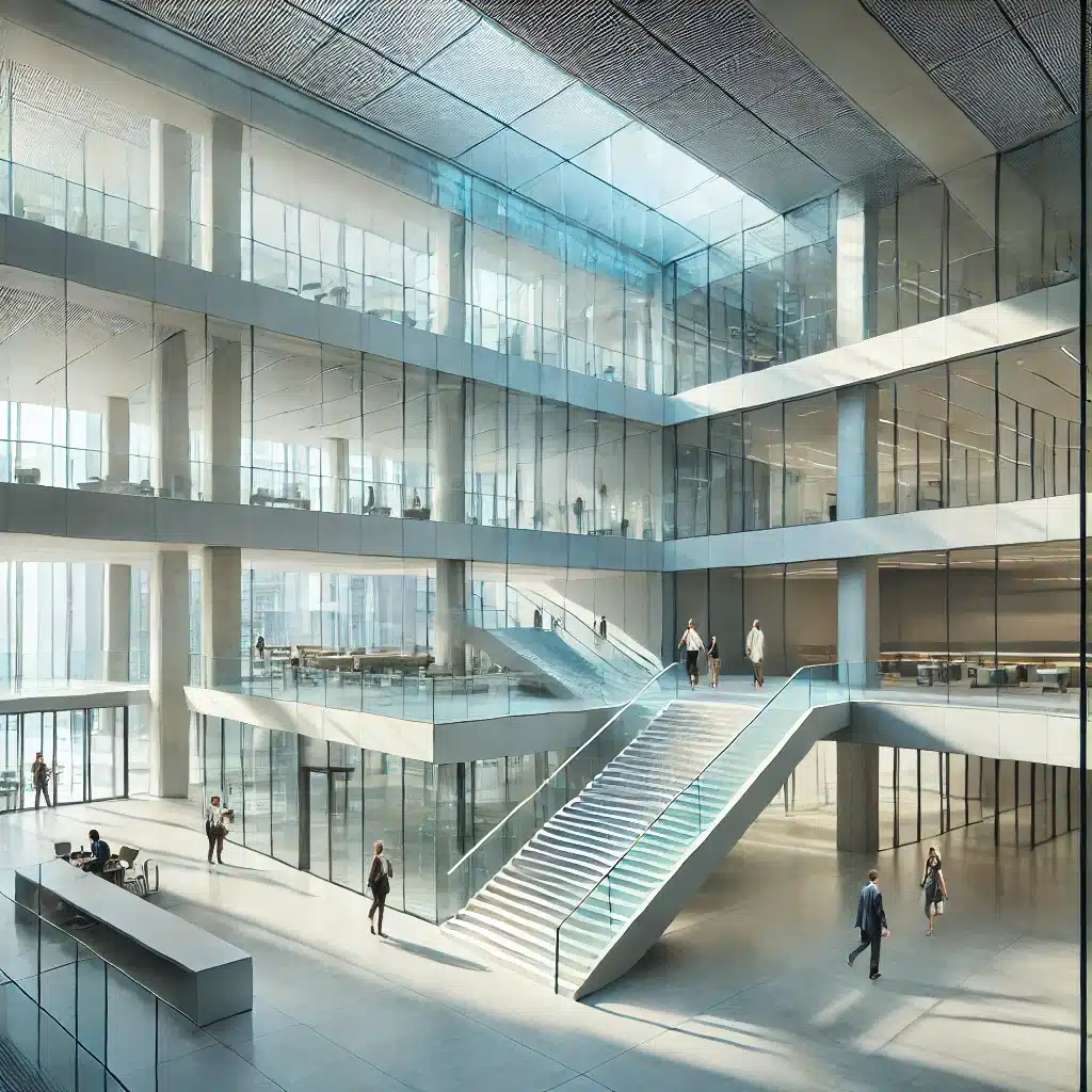 Espacio moderno con paredes y escaleras de vidrio templado | Acrilfrasa