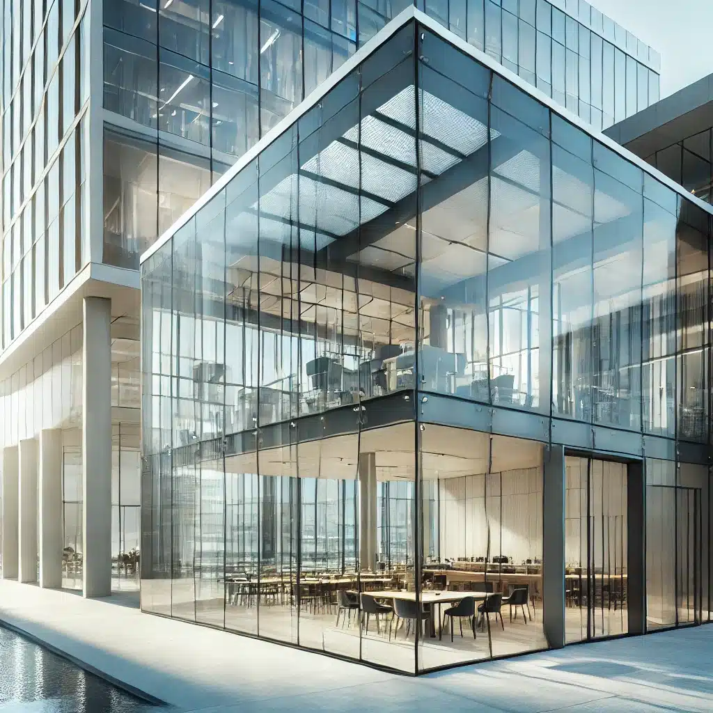 Edificio moderno con fachadas de vidrio templado | Acrilfrasa