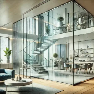 Interior moderno con cristal templado en particiones, escaleras y muebles elegantes. | Acrilfrasa.