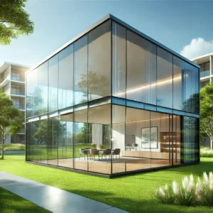 Fachada moderna con vidrio templado reflejando luz natural | Acrilfrasa