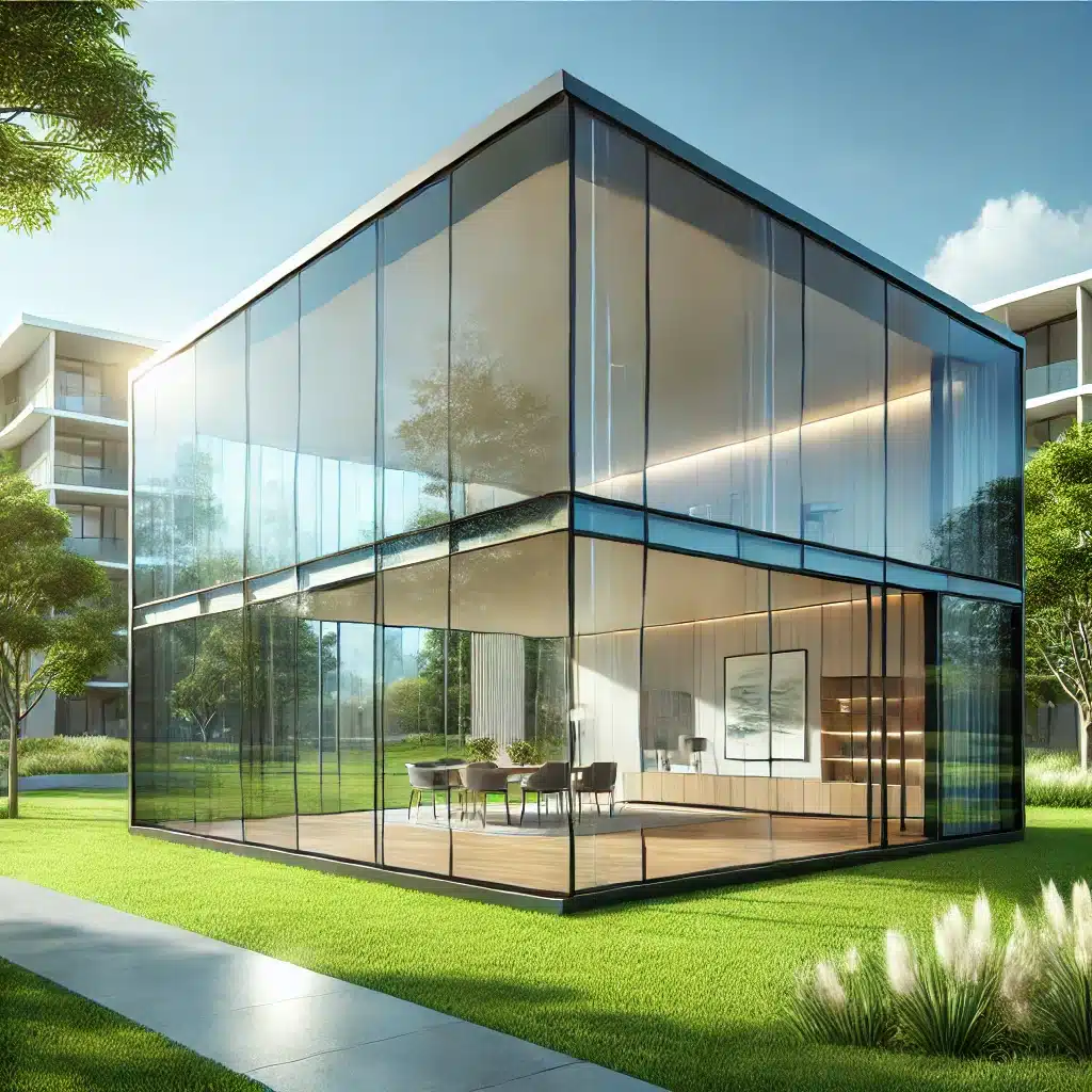 Fachada moderna con vidrio templado reflejando luz natural | Acrilfrasa