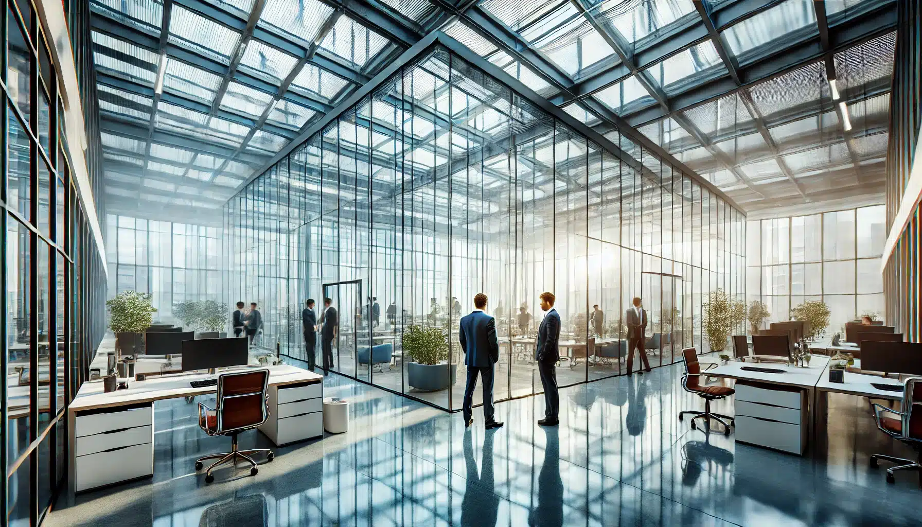 Oficina moderna con policarbonato transparente y discusión sobre instalación y mantenimiento. Toque de lámina para protección de ambientes e intimidad. | Acrilfrasa.