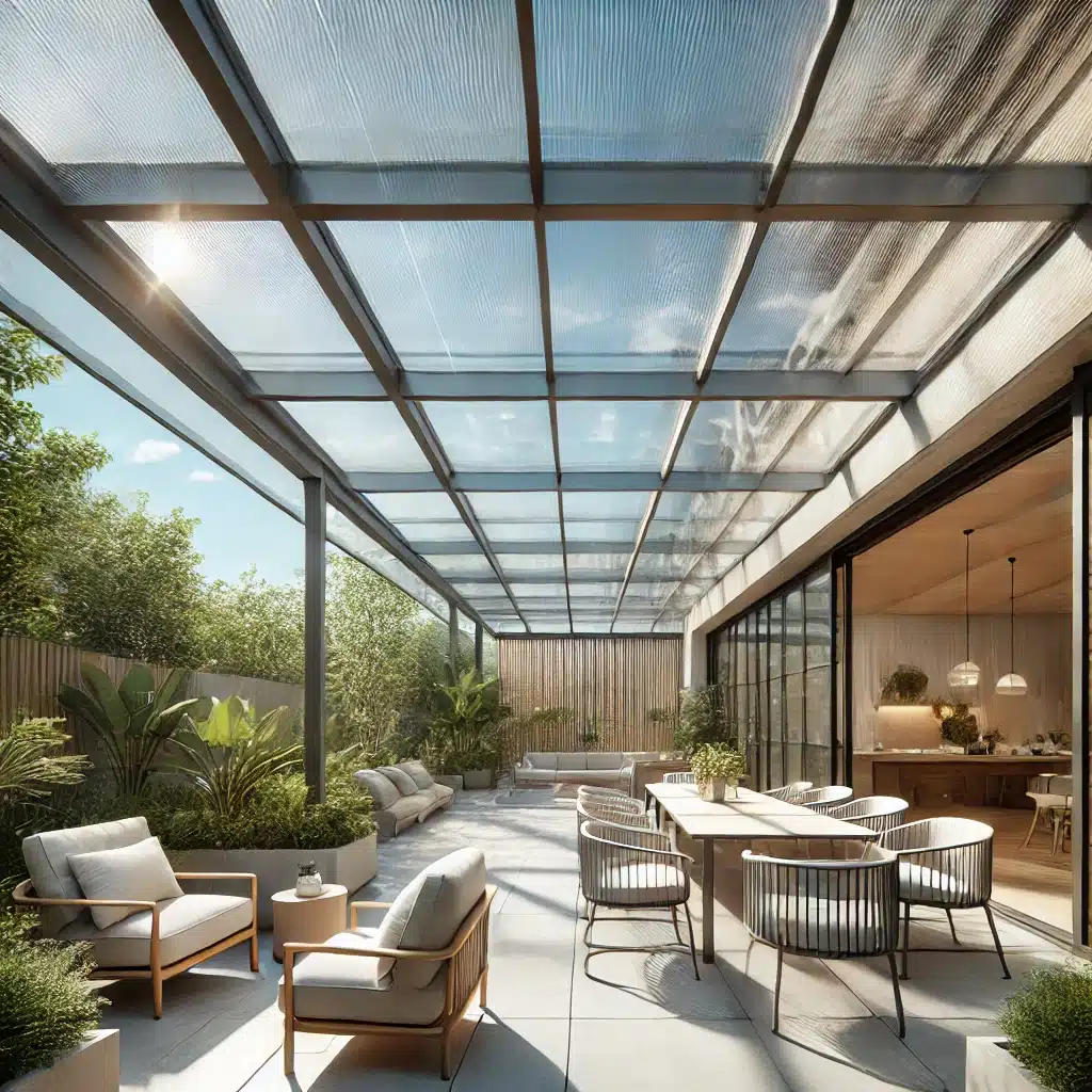 Patio moderno con techo de policarbonato transparente, decorado con muebles y plantas. Innovaciones recientes de paneles de policarbonato | Acrilfrasa