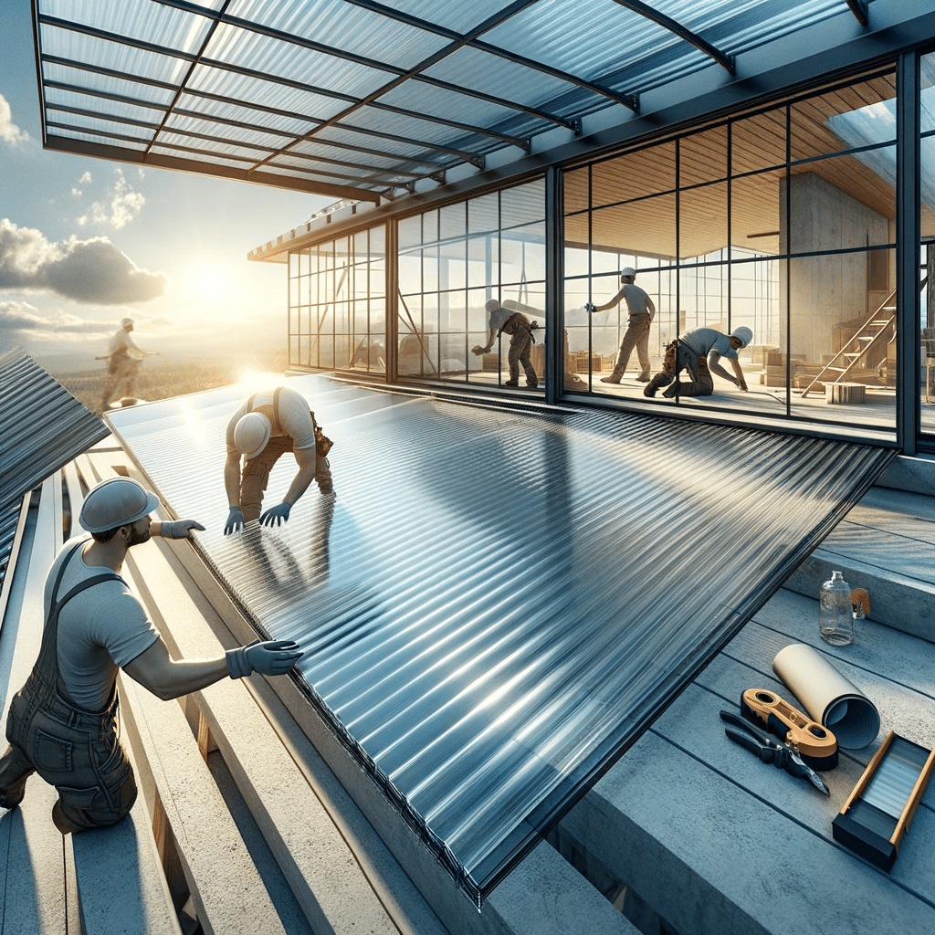 Instalación de techo de policarbonato en obra. Hágalo usted mismo con visualizaciones en construcción. | Acrilfrasa.