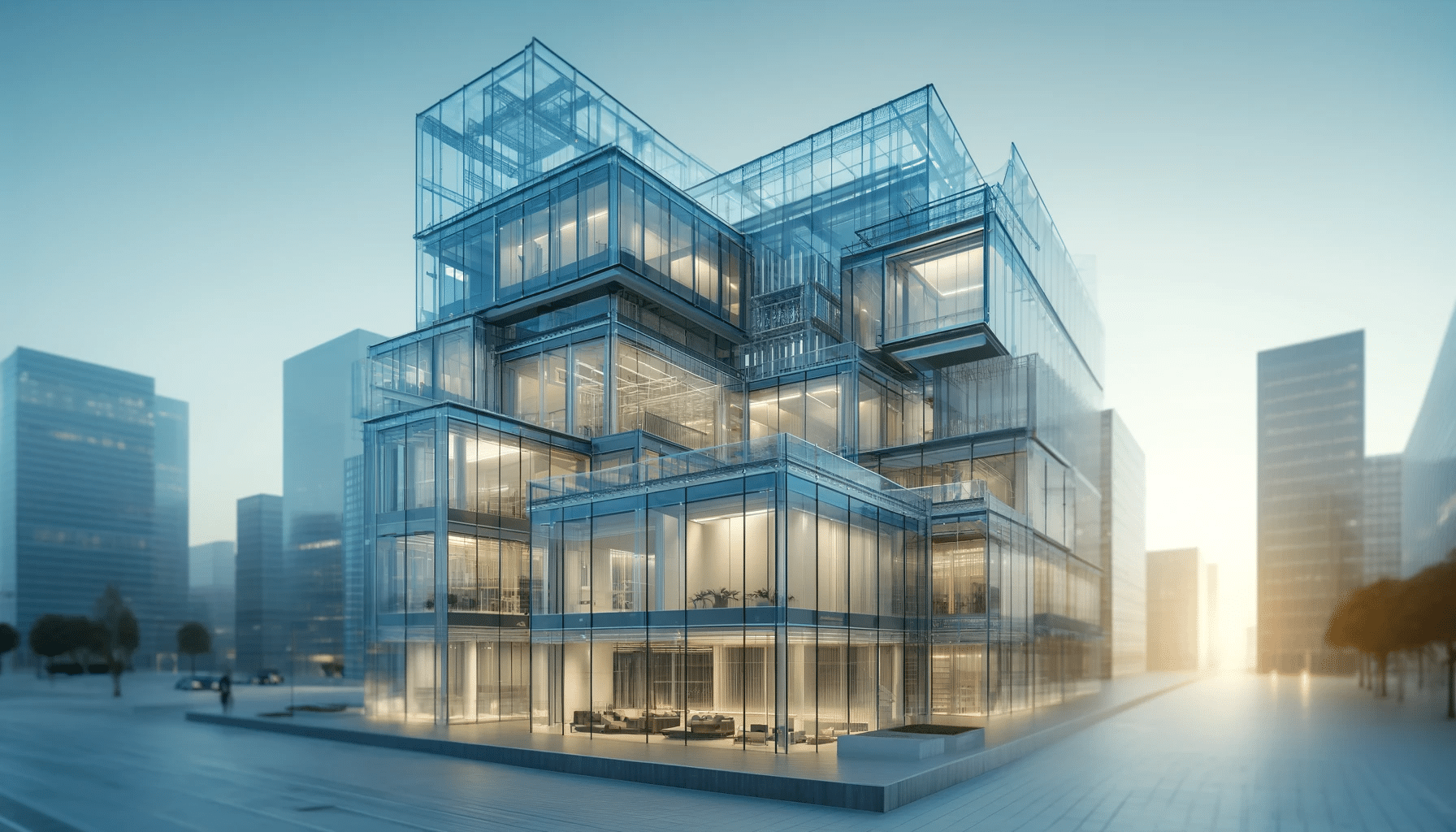 Estructura arquitectónica moderna con paneles de policarbonato, techos translúcidos y fachadas ventiladas en un entorno urbano sostenible.| Acrilfrasa