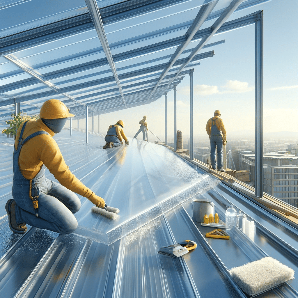 Trabajadores instalando y manteniendo techo de policarbonato. Información de perfil del plástico y aluminio | Acrilfrasa.