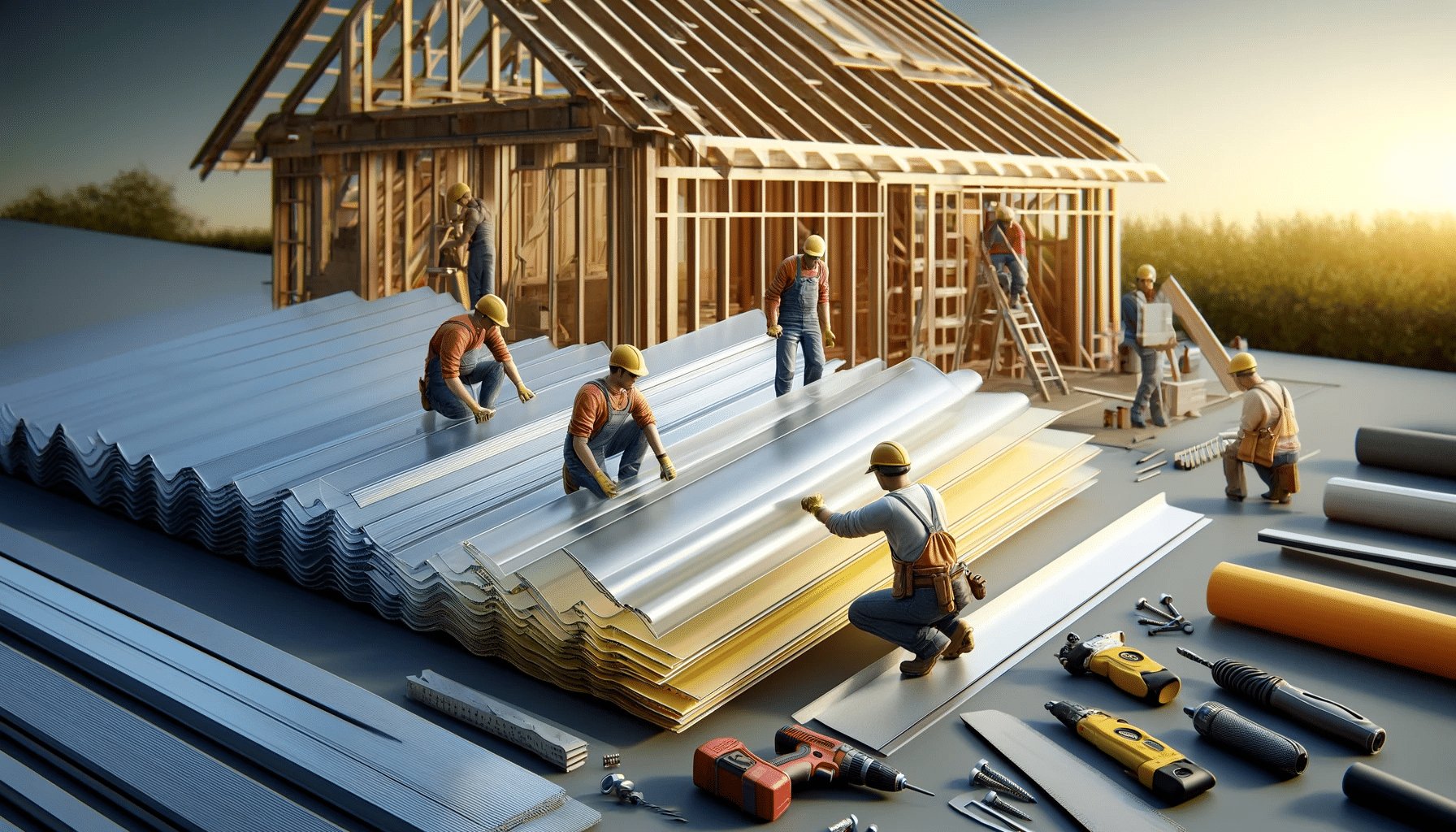 Obreros instalando láminas de policarbonato de diferentes grosores en un techo. | Acrilfrasa