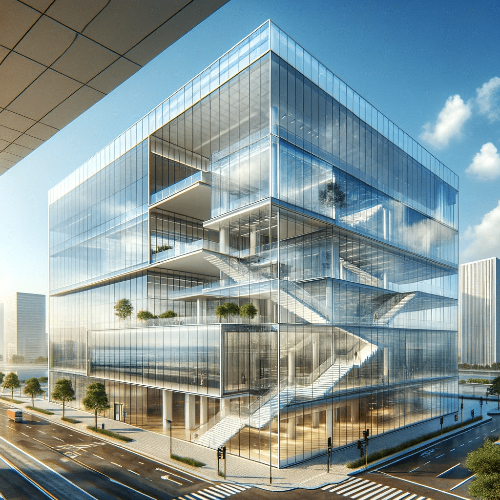 Fachada y escaleras de vidrios en arquitectura moderna | Acrilfrasa