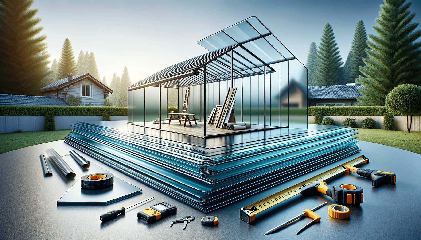 Láminas de policarbonato de diferentes grosores en un entorno exterior con herramientas. Cómo elegir el grosor adecuado de láminas de policarbonato para techos| Acrilfrasa