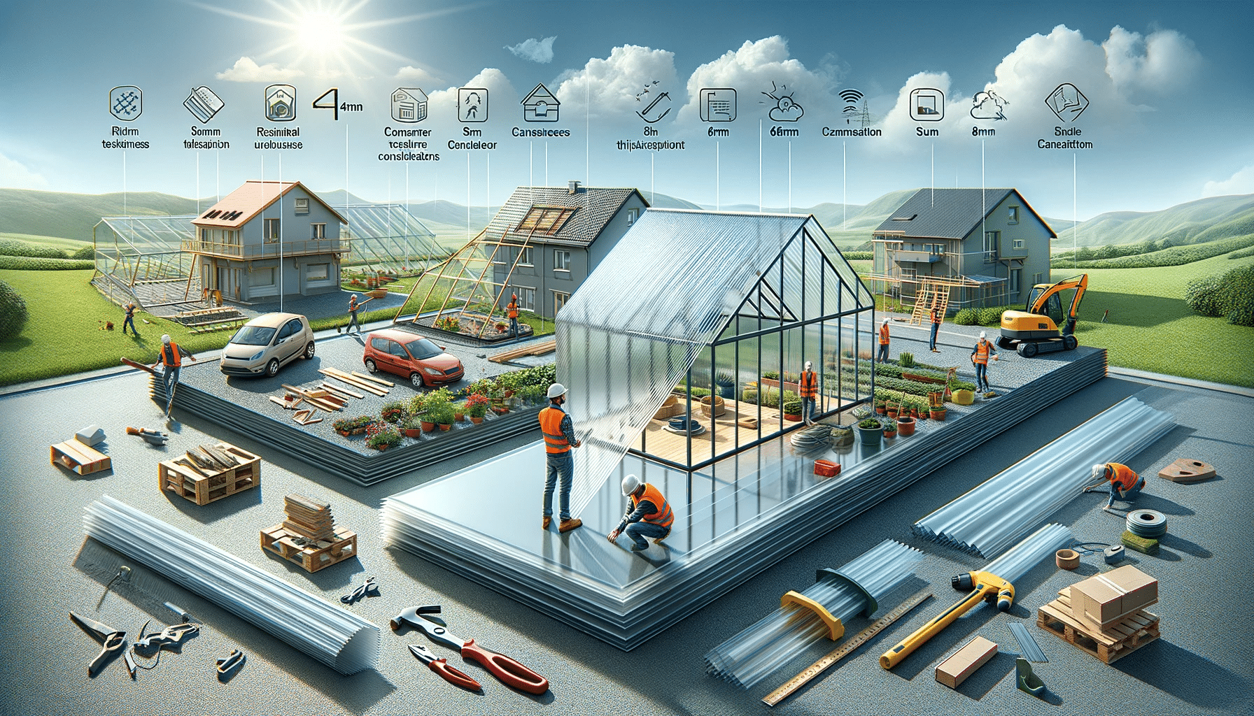 Láminas de policarbonato de diferentes grosores en un sitio de construcción con estructuras. Iluminación acuerdo opción paneles estructura instalación aplicación cinta hojas atención aplicaciones proceso uso proyecto rayos problemas producto | Acrilfrasa