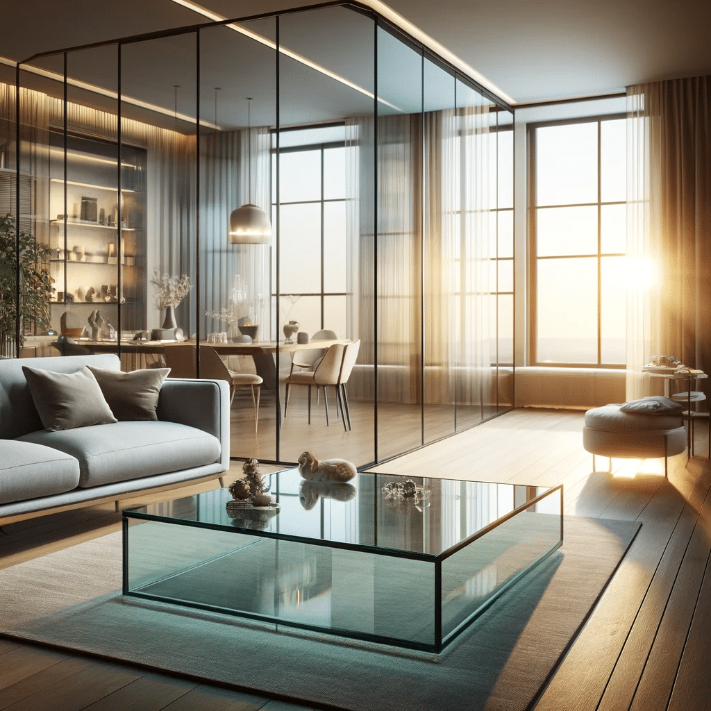 Sala con ventanas y mesa de vidrios templado. Facebook twitter linkedin whatsapp cristal edificios fachadas eficiencia energética sistema costillas vidrios arquitectos gama características luz artículos proyecto resistencia | Acrilfrasa