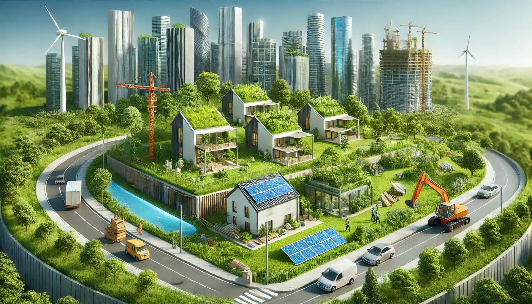 Sitio de construcción sostenible con edificios ecológicos, techos verdes y paneles solares. | Acrilfrasa