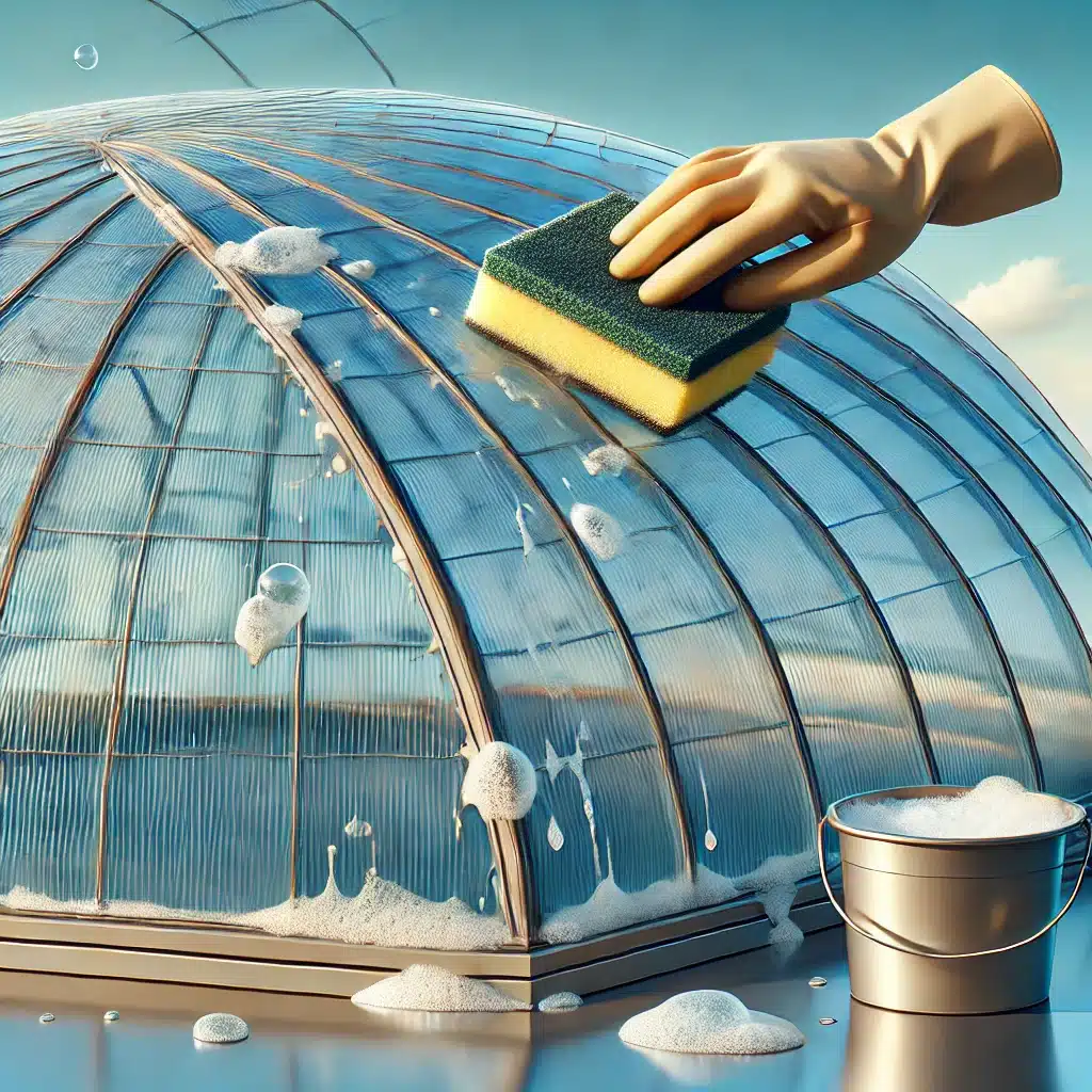 Persona limpiando un domo con esponja y agua jabonosa. Espacio con elementos de amplia gama en fachada de edificio | Acrilfrasa.