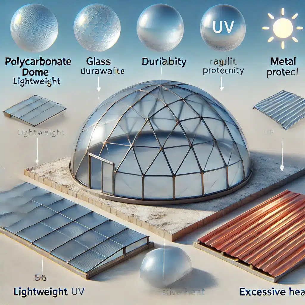 Comparación de domos con láminas de vidrio y metal bajo el sol. Lugares en el mundo con paneles de eficiencia energética. | Acrilfrasa.