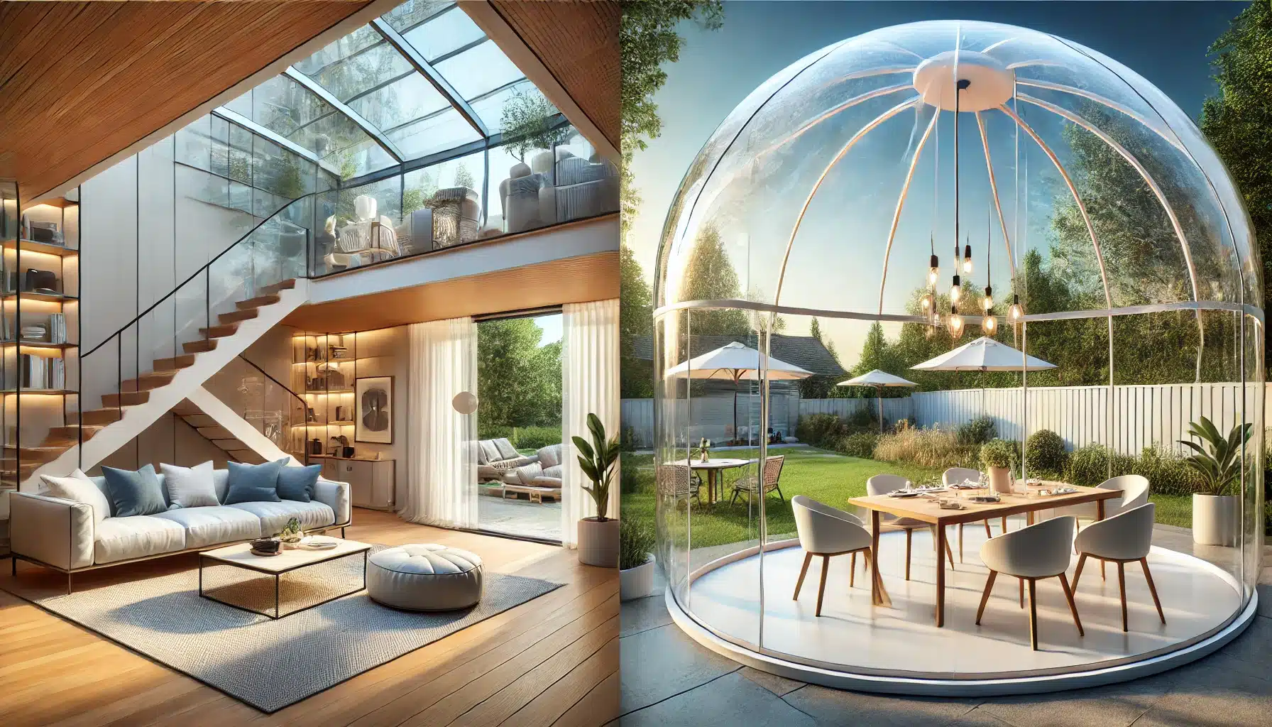 Sala moderna y patio exterior con diseños creativos de domos de vidrio templado. Aire acondicionado igualda edificio proceso sistema protección través arquitectura capacidad | Acrilfrasa