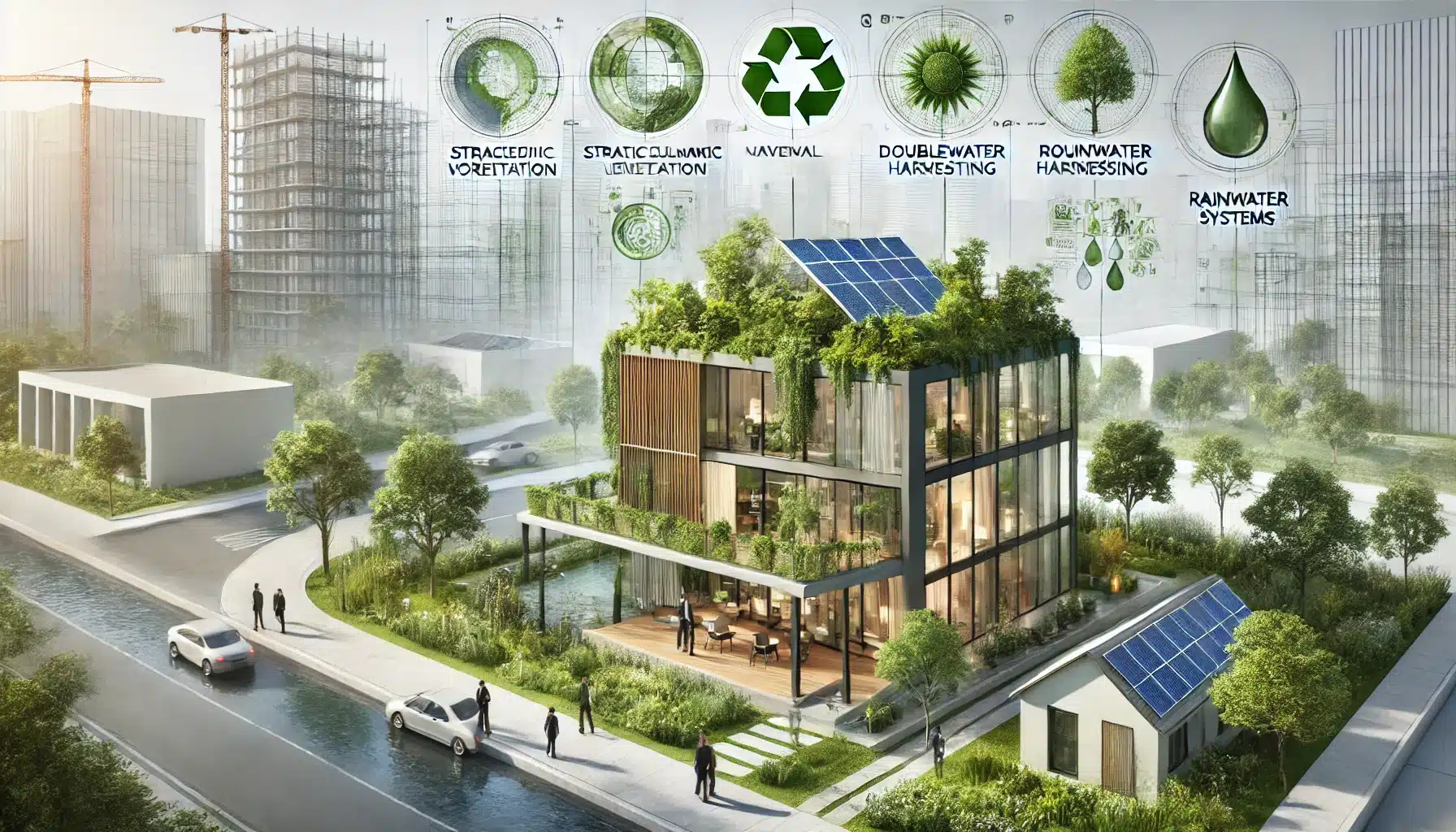 Edificio verde con diseño bioclimático, ventanas de doble acristalamiento y recolección de agua. Material de construcción fachadas| Acrilfrasa