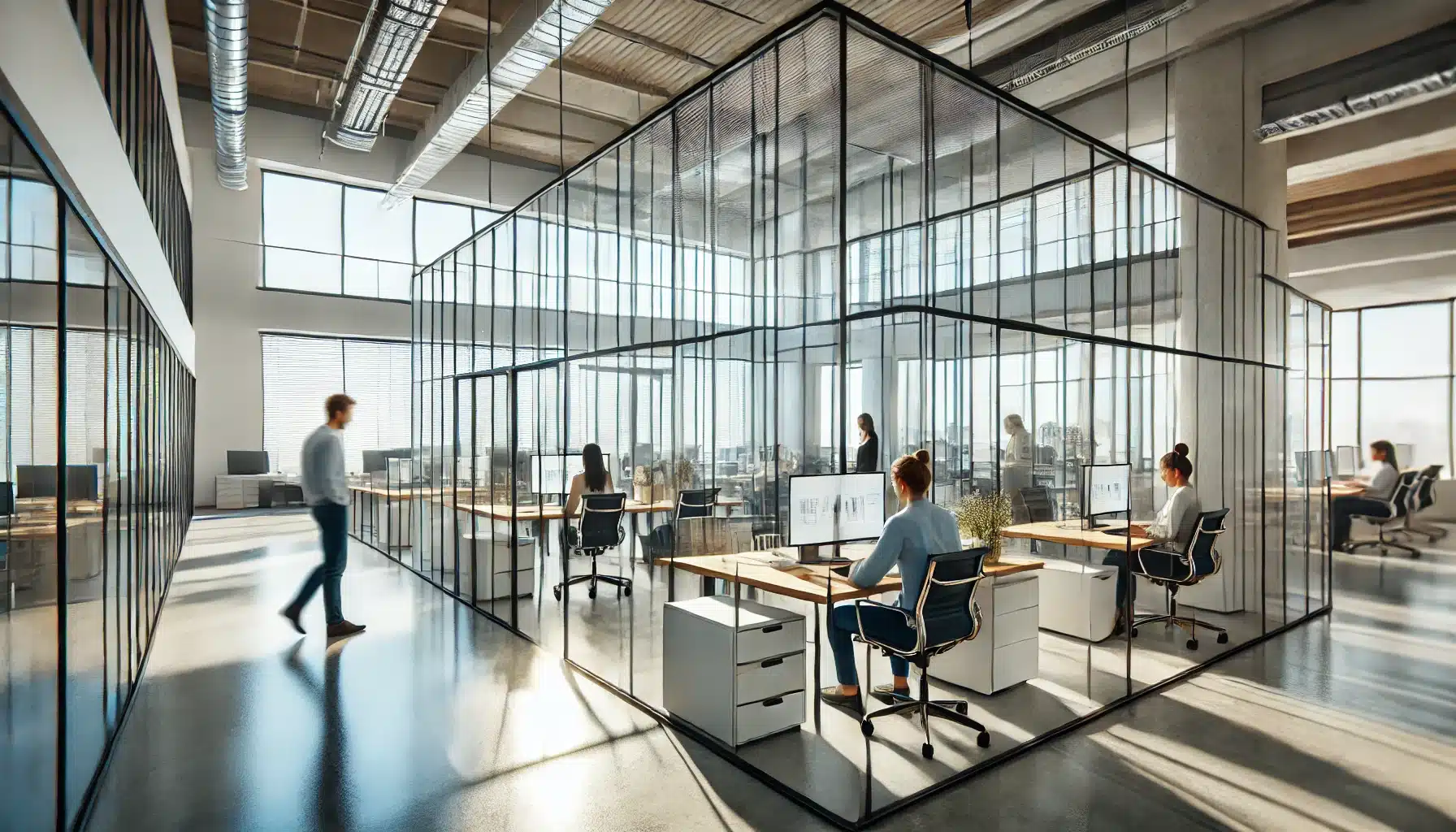 Oficina moderna con divisores transparente y luz natural. Lámina de paneles de policarbonato de color o placas | Acrilfrasa.