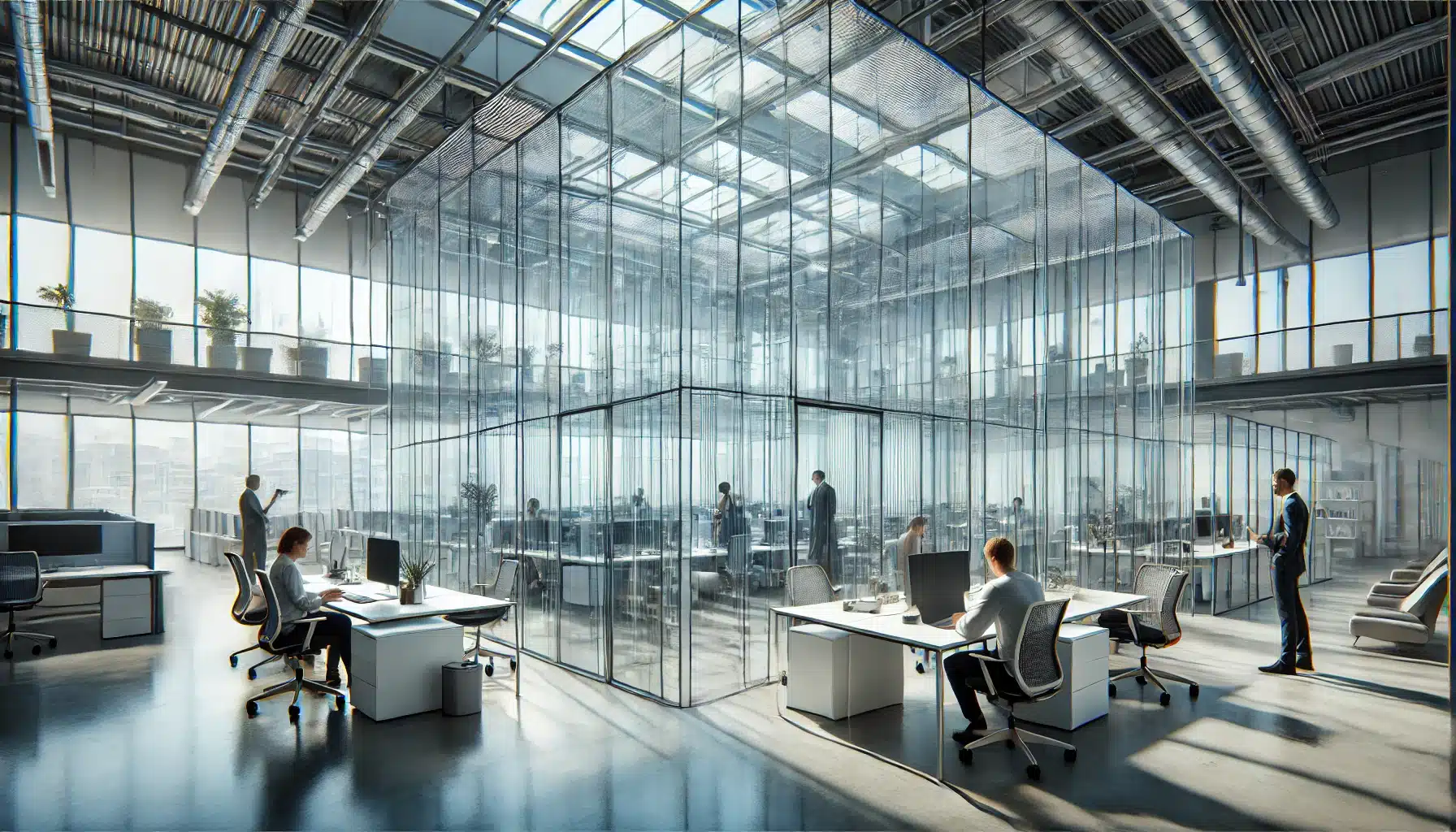 Oficina con aplicaciones innovadoras de policarbonato transparente y luz. Resistencia al impacto y usos en construcción de paredes en hogar | Acrilfrasa.